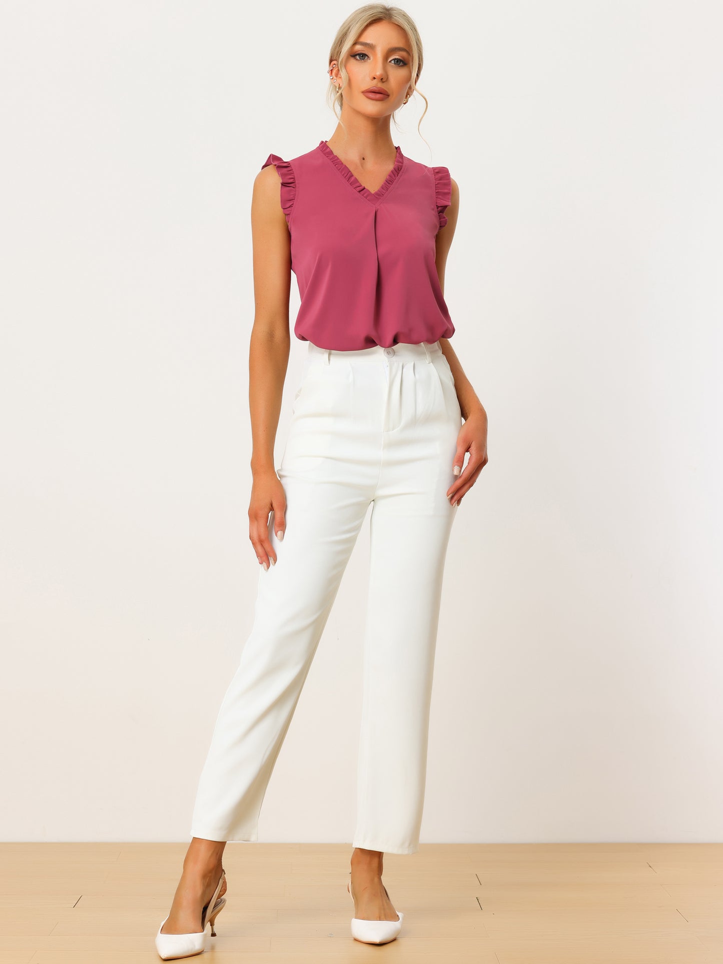 Women's Ruffled Sleeveless Blouse Work Business Top