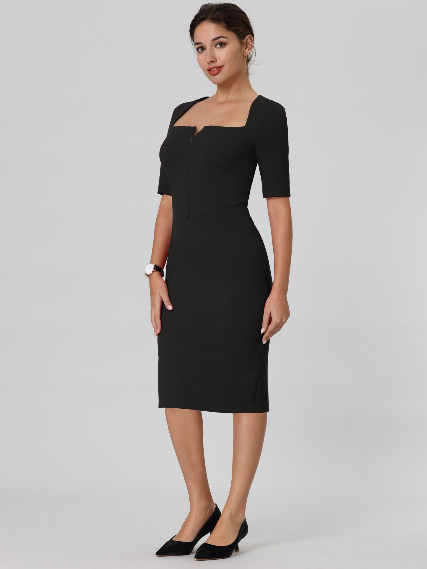 Women's Square Neck Pancil Dress Zip Up Front Elegant Bodycon Sheath Dresses