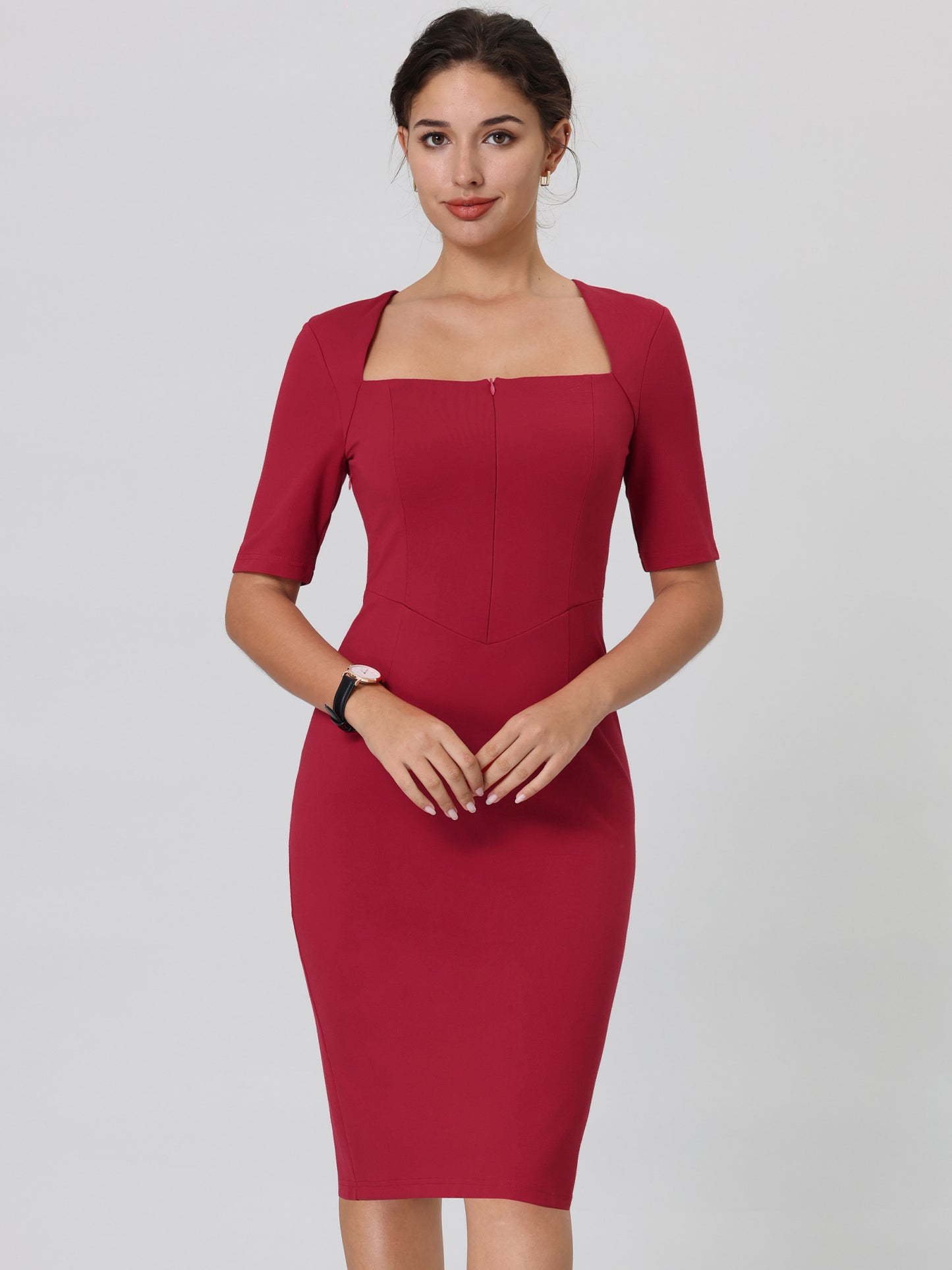 Women's Square Neck Pancil Dress Zip Up Front Elegant Bodycon Sheath Dresses