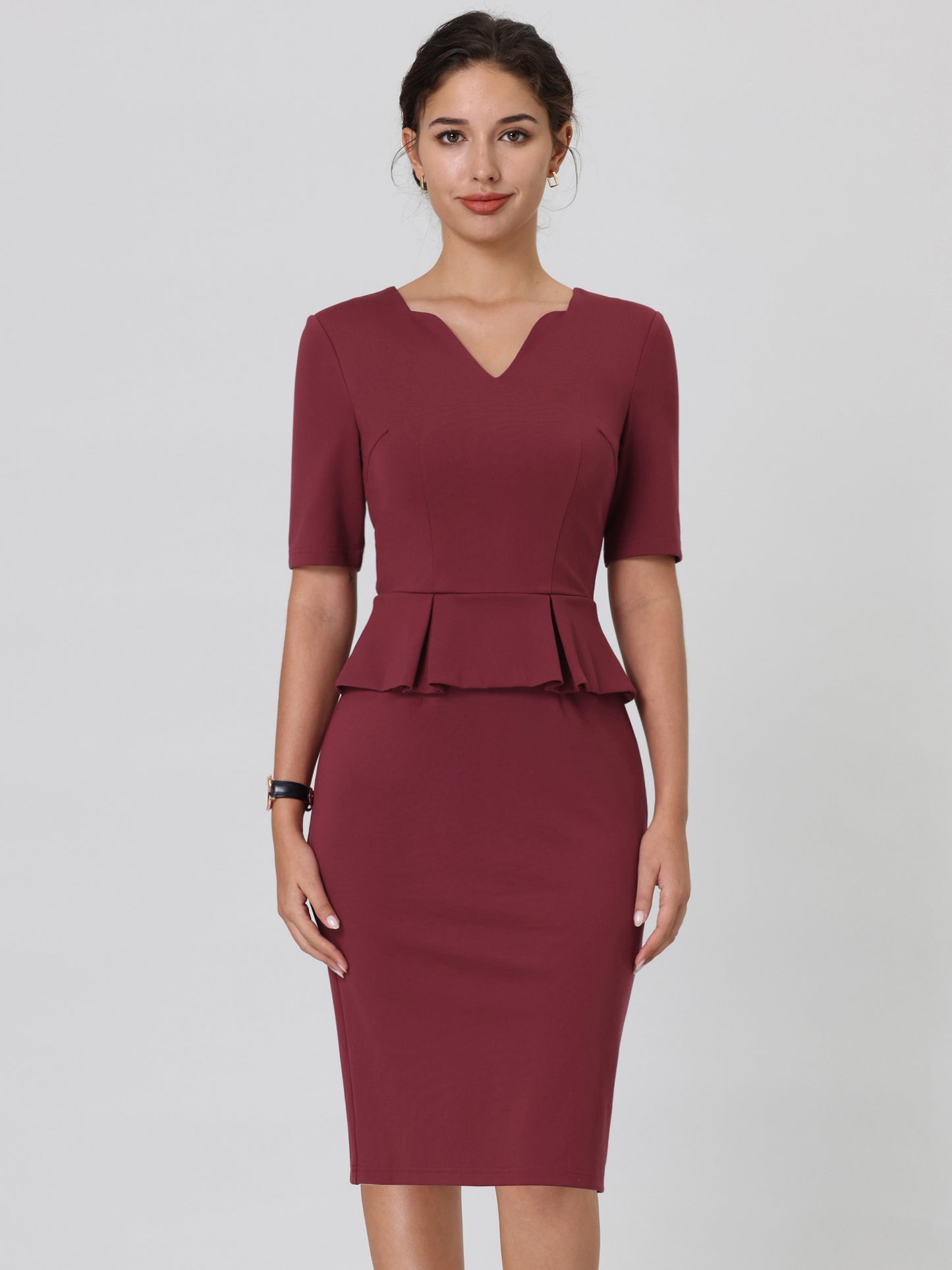 Women's Sheath Dress V Neck Short Sleeve Work Peplum Dresses