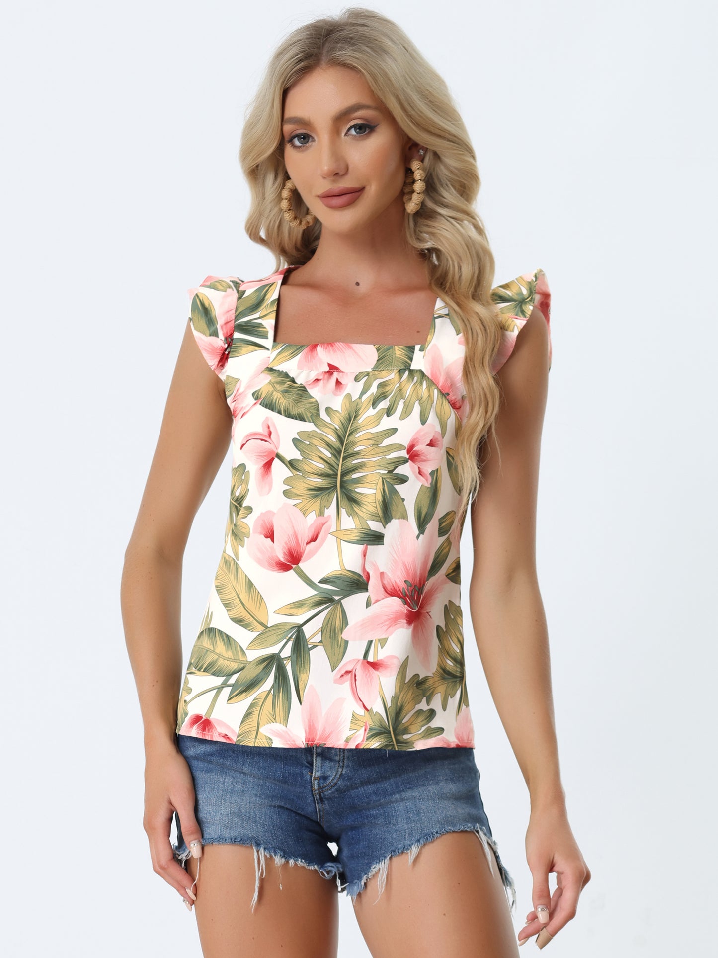 Women's Tropical Tank Top Floral Print Square Neck Summer Beach Vest Top