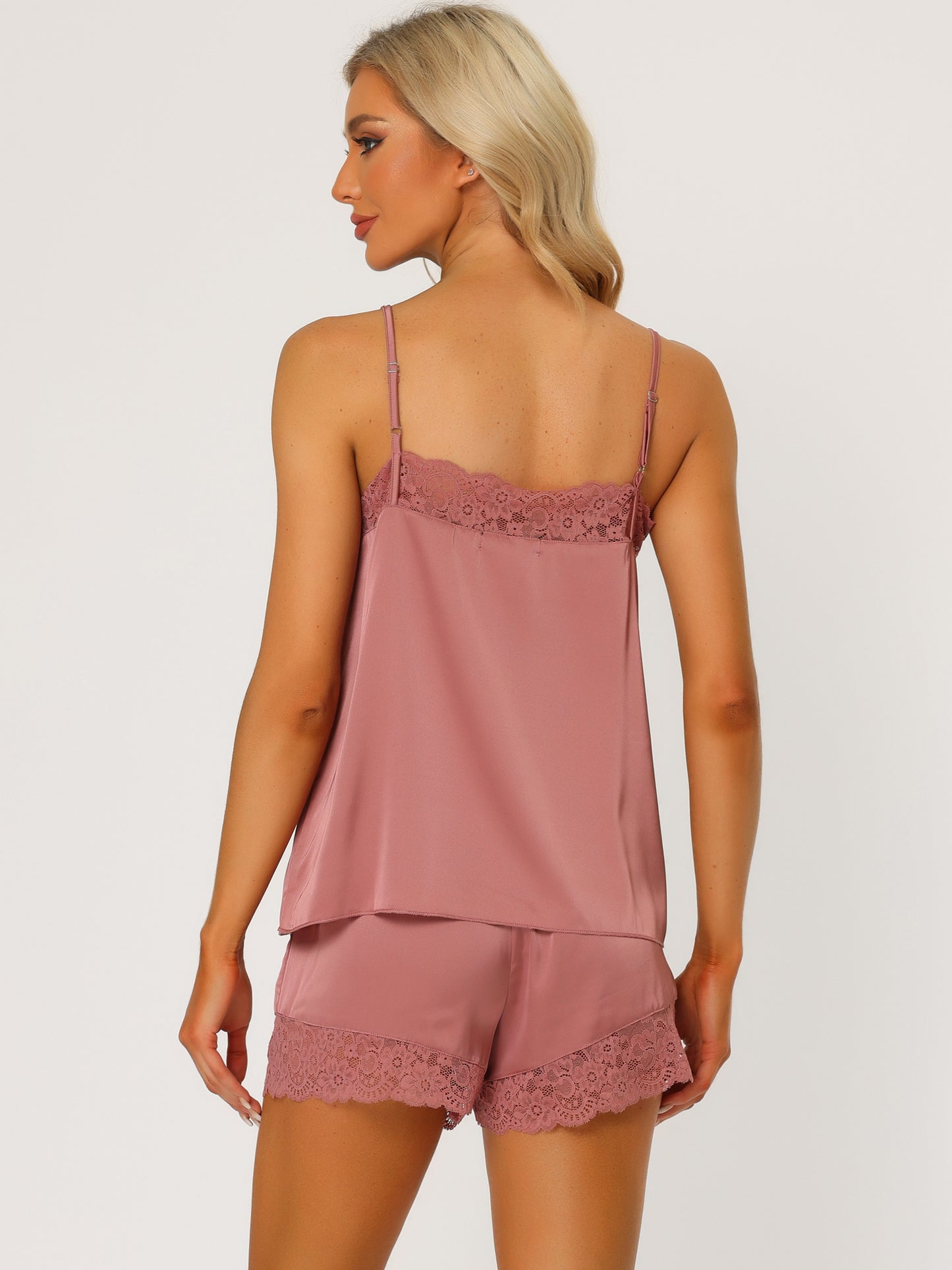 Pijama de satén para mujer, camisola con ribete de encaje y pantalones cortos, conjunto de pijama sedoso para estar en casa