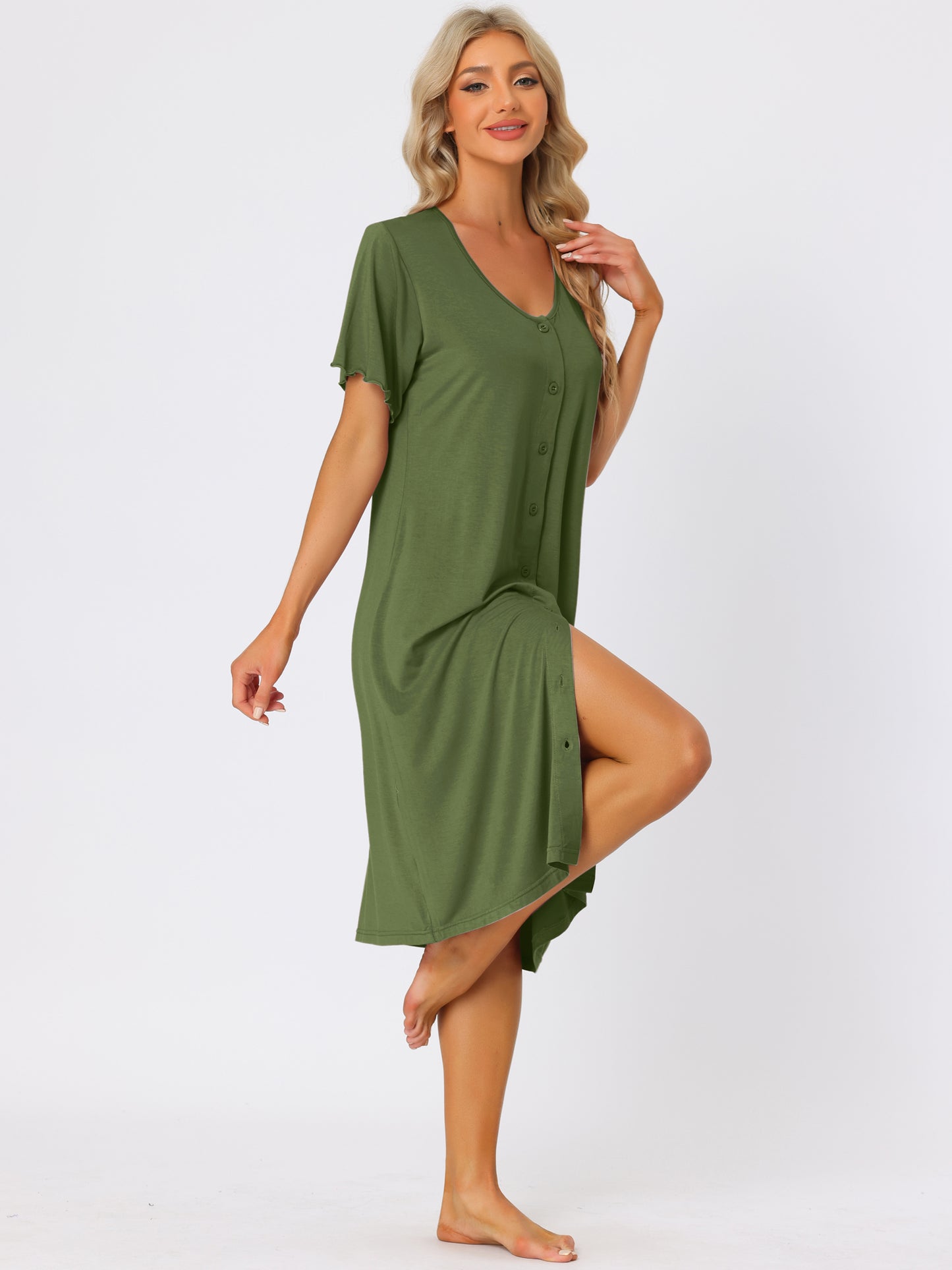 Camisón de manga corta con botones para mujer, vestido de pijama