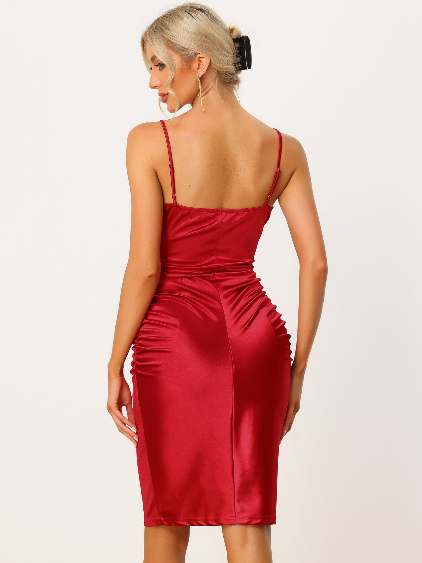 Women's Satin Dress Sexy V Neck Sleeveless Spaghetti Strap Ruched Bodycon Midi Dress