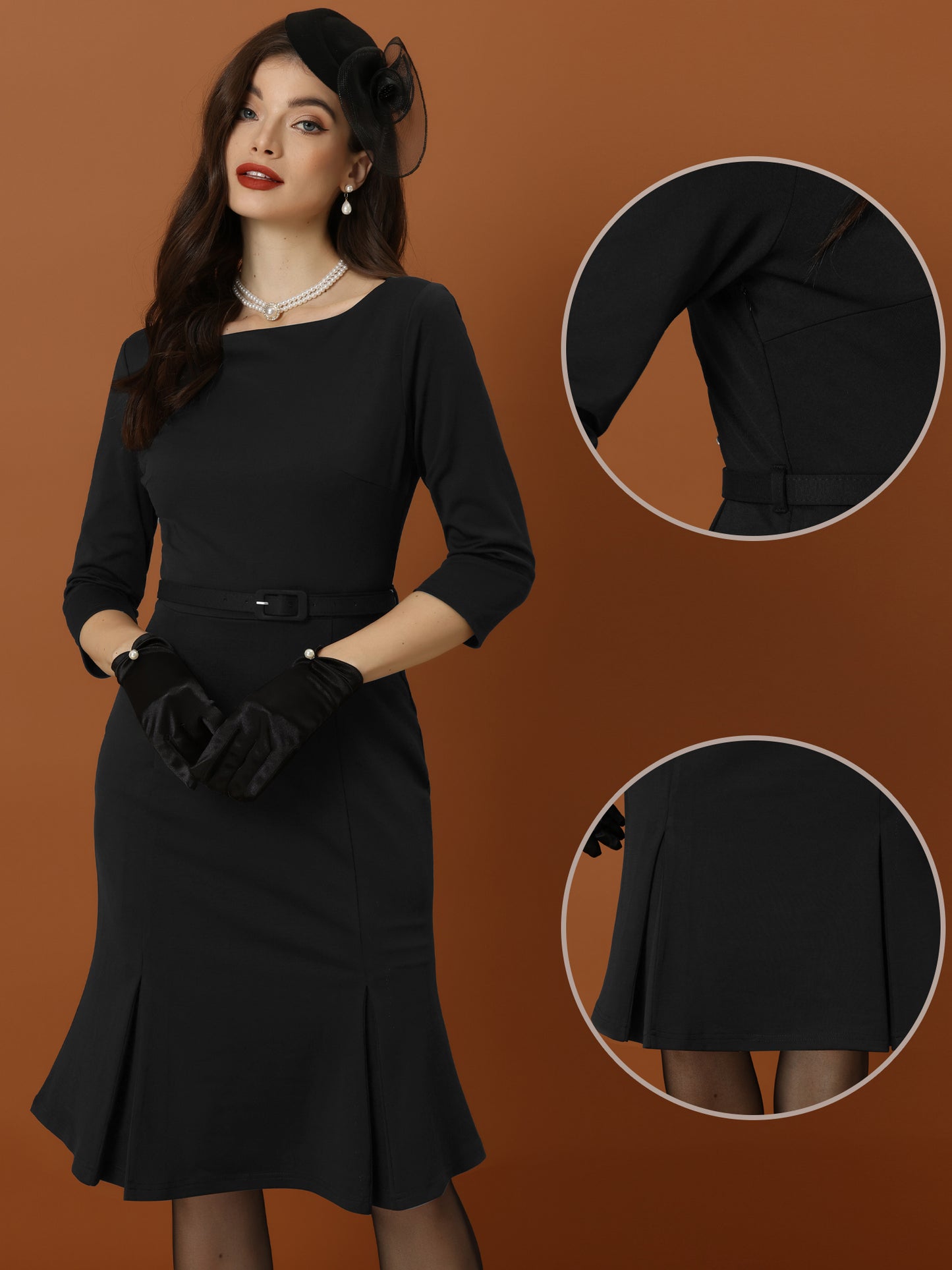 Women's Boat Neck 3/4 Sleeve Pleated Modest Midi Dress Business Elegant Formal Dresses (Available in Plus Size)
