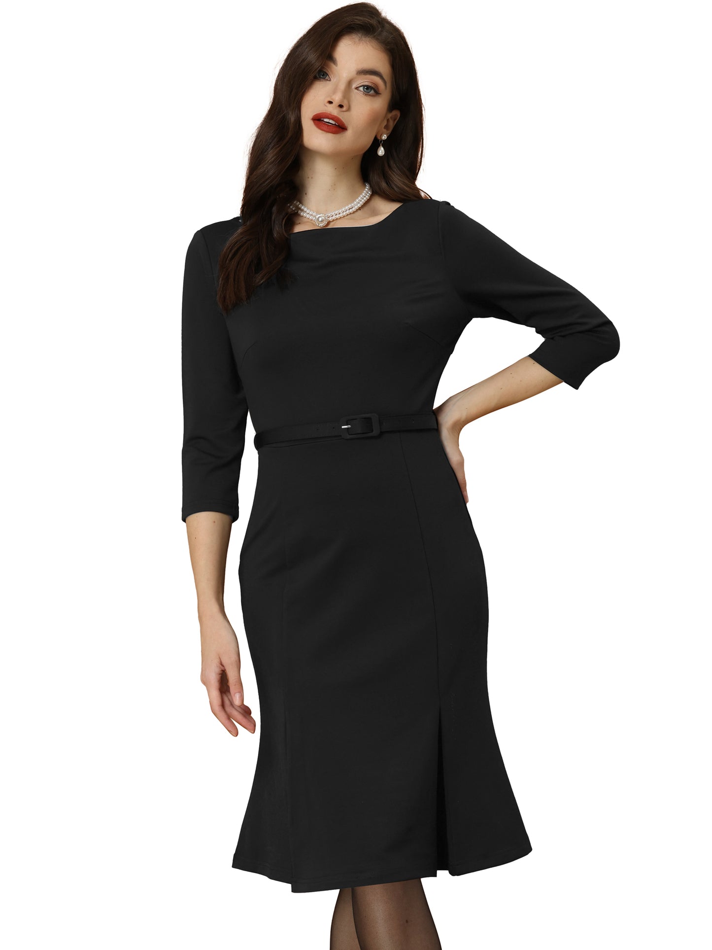 Women's Boat Neck 3/4 Sleeve Pleated Modest Midi Dress Business Elegant Formal Dresses (Available in Plus Size)