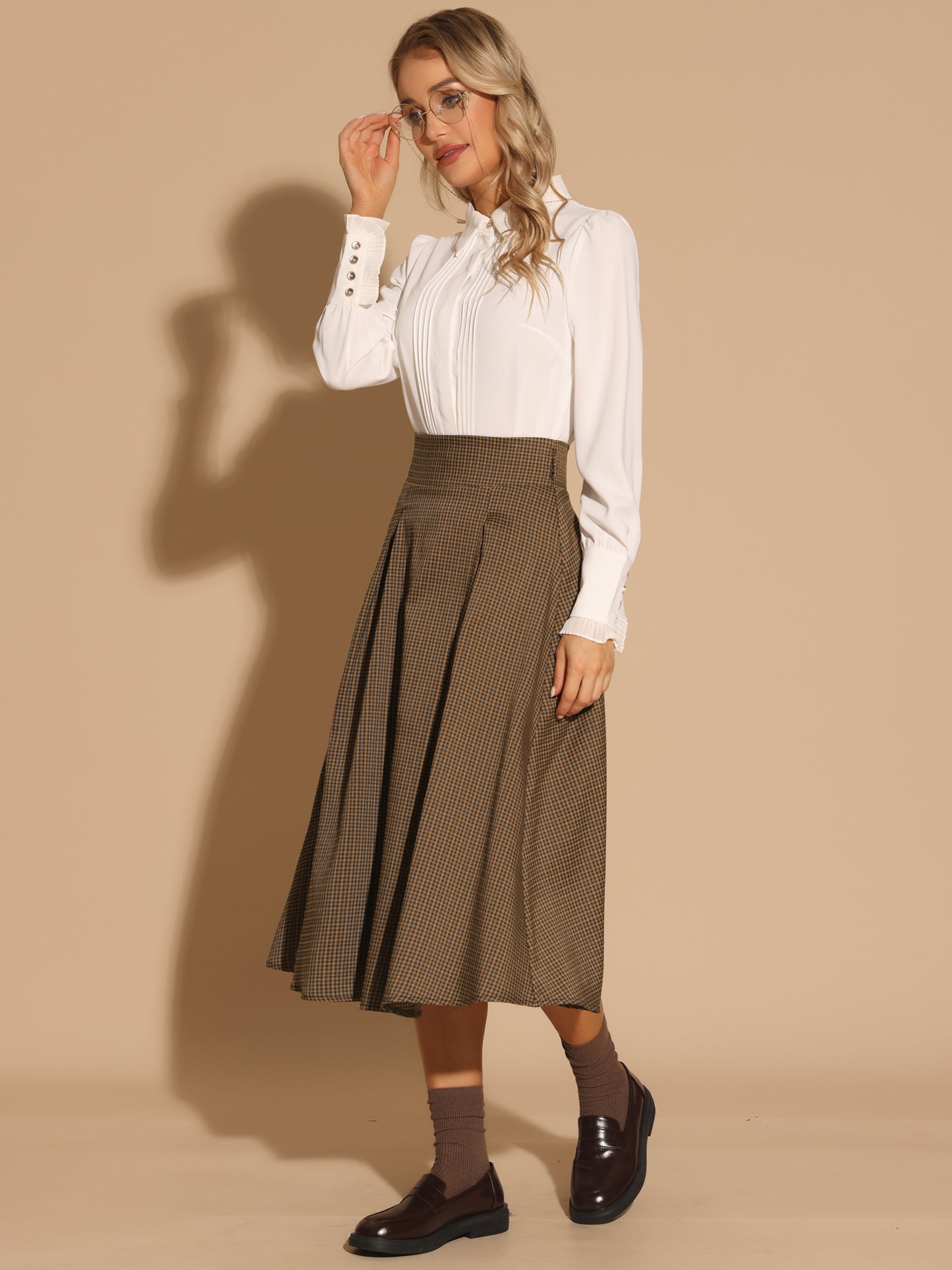 Falda midi de cuadros con cintura alta elástica y cinturón para mujer, estilo vintage, para regreso a casa, invierno y otoño