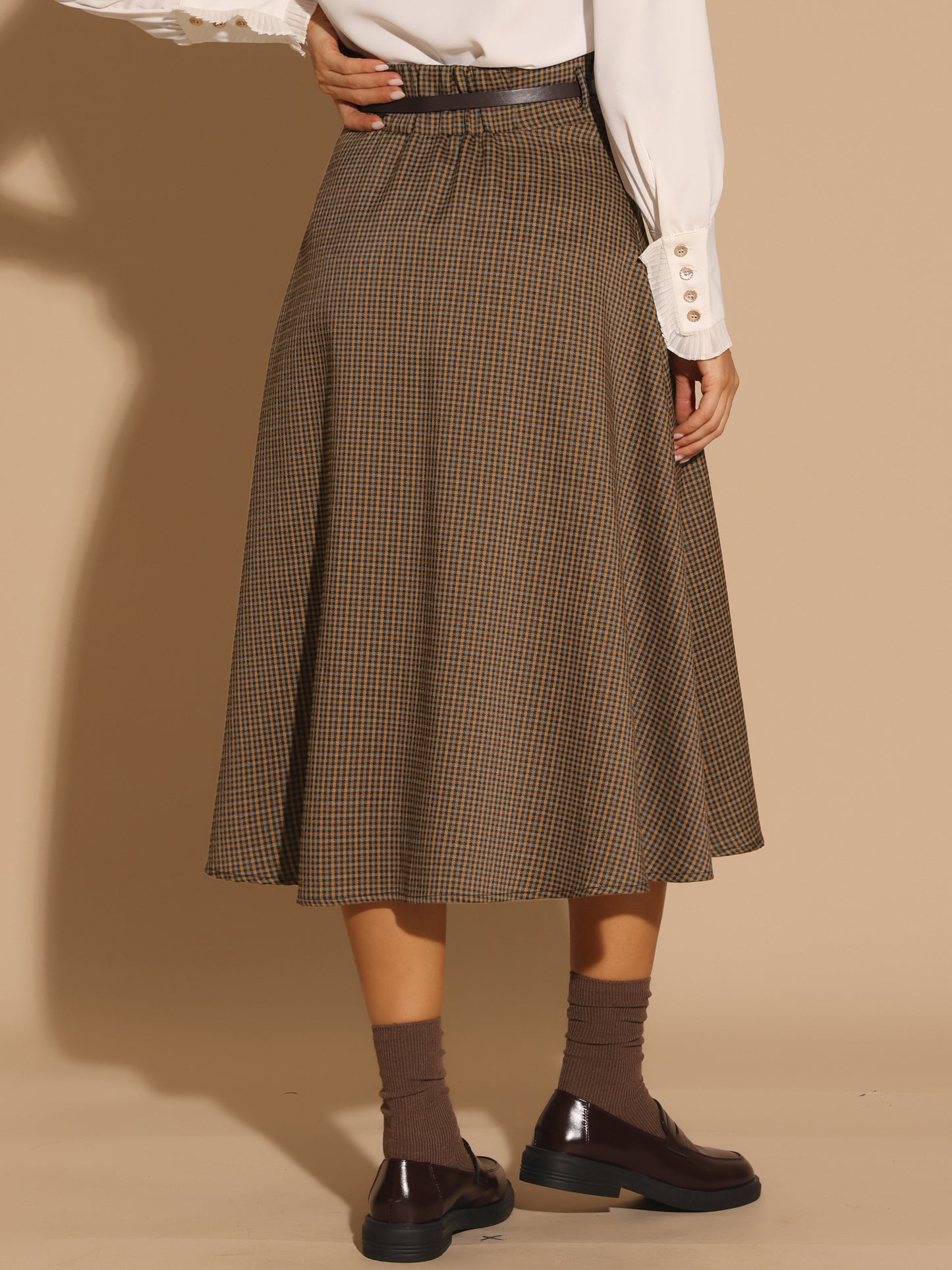 Falda midi de cuadros con cintura alta elástica y cinturón para mujer, estilo vintage, para regreso a casa, invierno y otoño