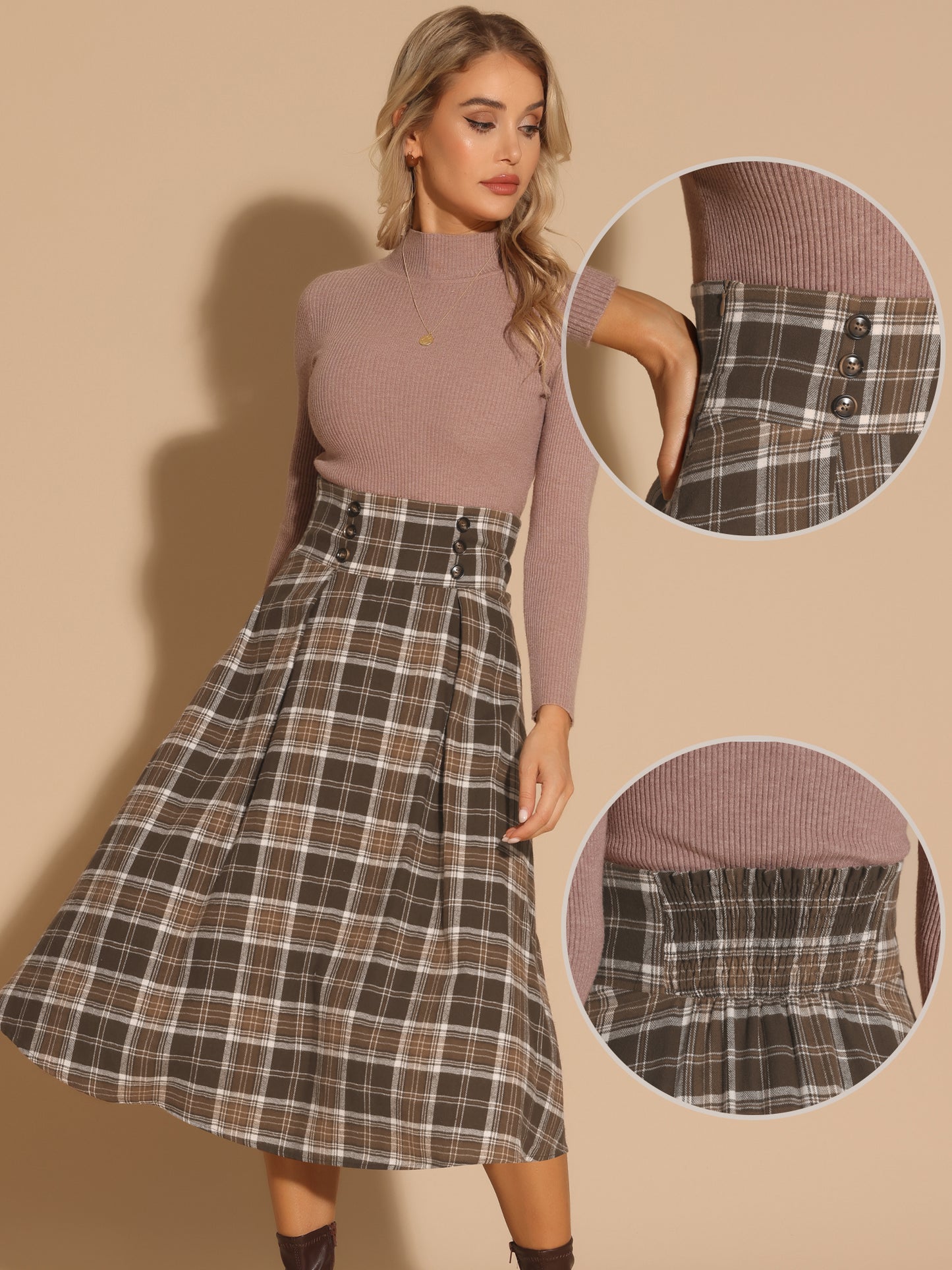 Falda a cuadros vintage para mujer, cintura alta elástica, corte A, midi, para otoño e invierno