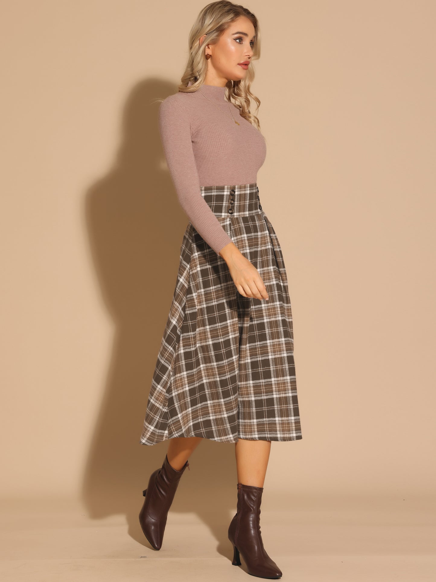 Falda a cuadros vintage para mujer, cintura alta elástica, corte A, midi, para otoño e invierno