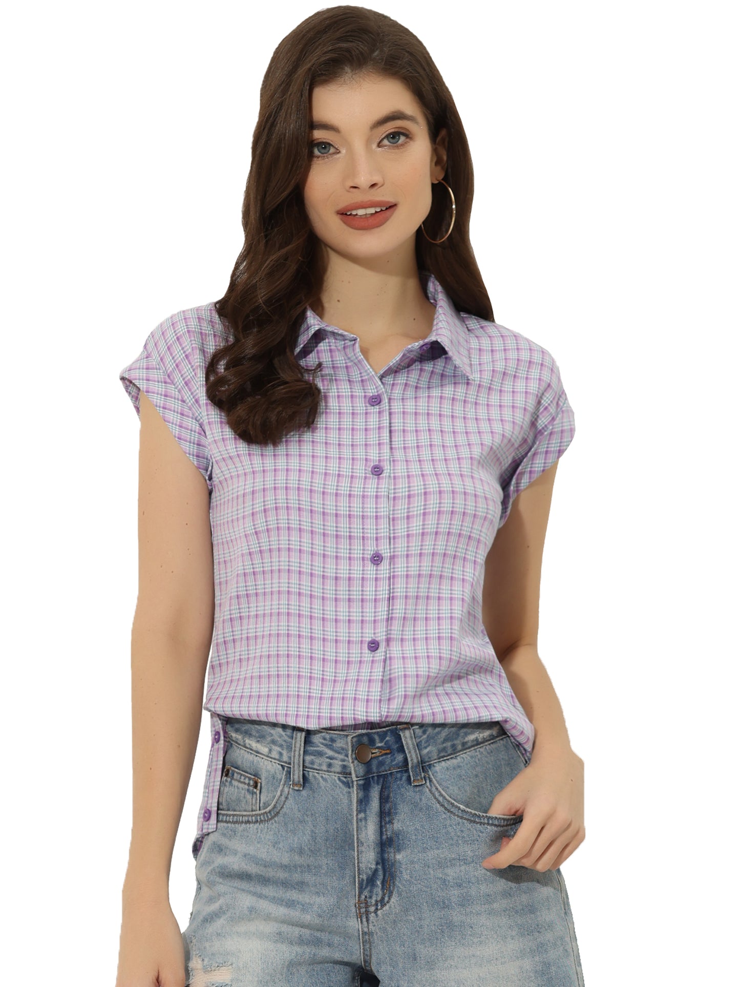 Women's Summer Plaid Cap Sleeves Button Down Shirt