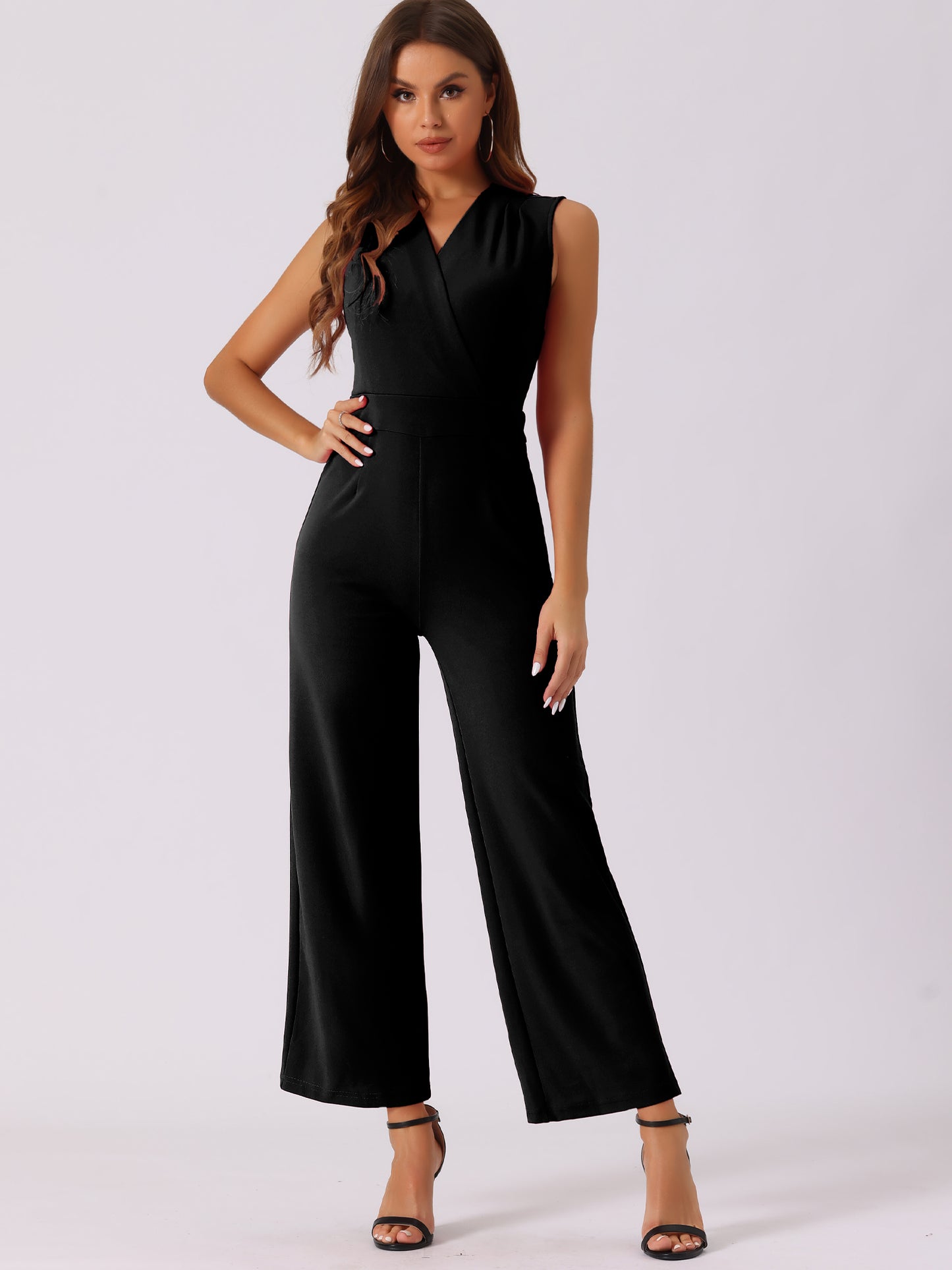 Women's Elegant Jumpsuit V Neck Wrap Front High Waist Wide Leg Long Pants Jumpsuits