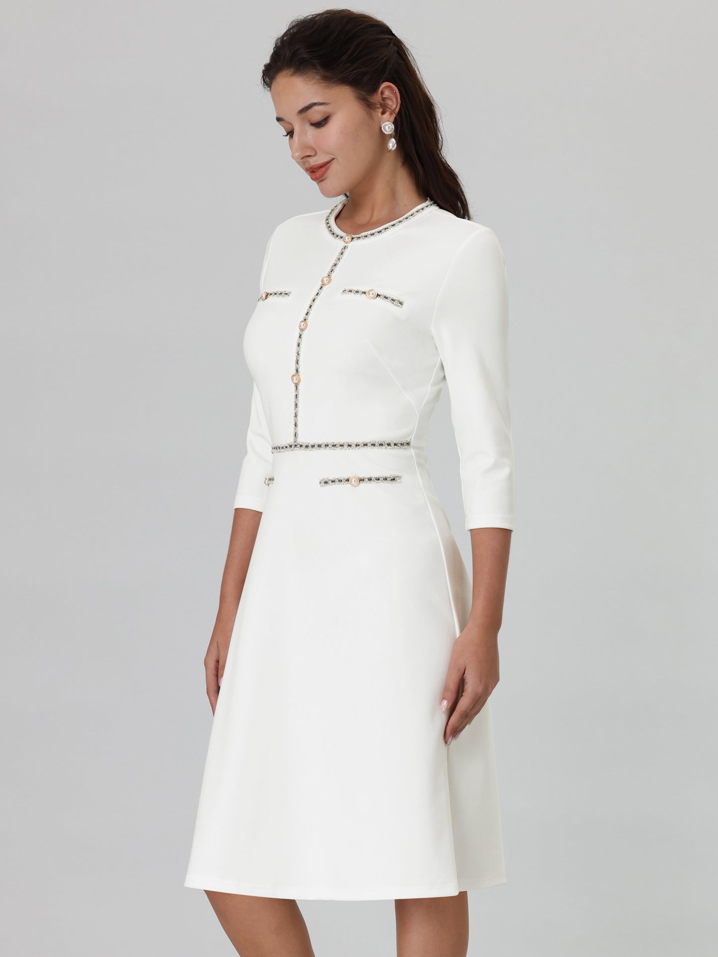 Women's 3/4 Sleeve Elegant A-Line Office Tweed Formal Dresses