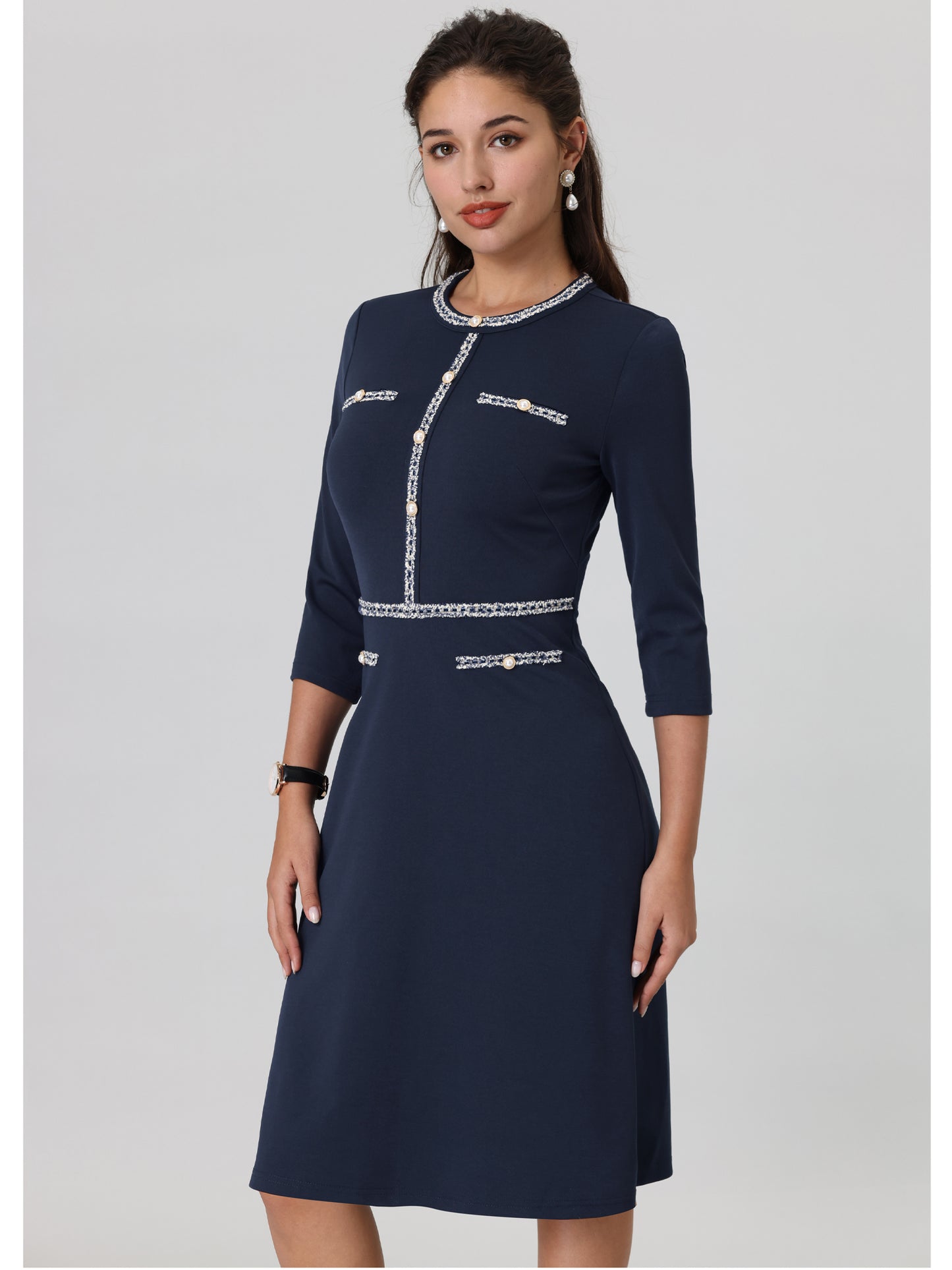 Women's 3/4 Sleeve Elegant A-Line Office Tweed Formal Dresses