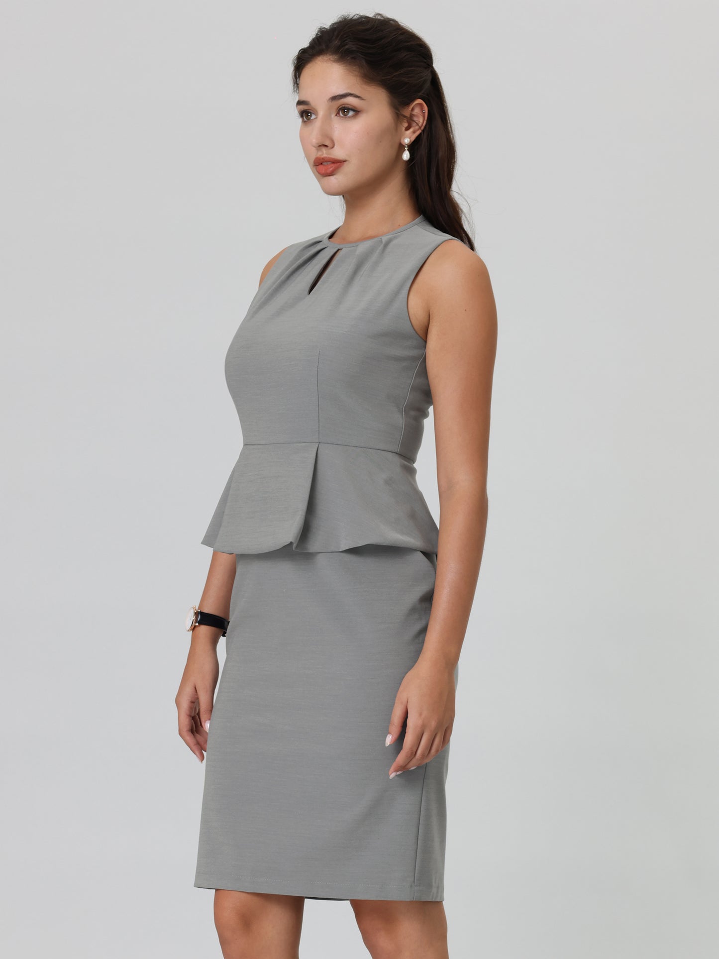 Women's Sheath Dress Pleated Neck Work Sleeveless Peplum Pencil Dresses