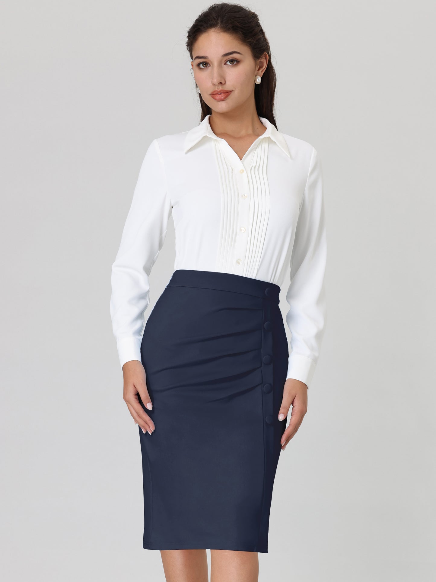 Women's Wear to Work Pencil Skirt Elastic High Waist Ruched Bodycon Midi Skirts