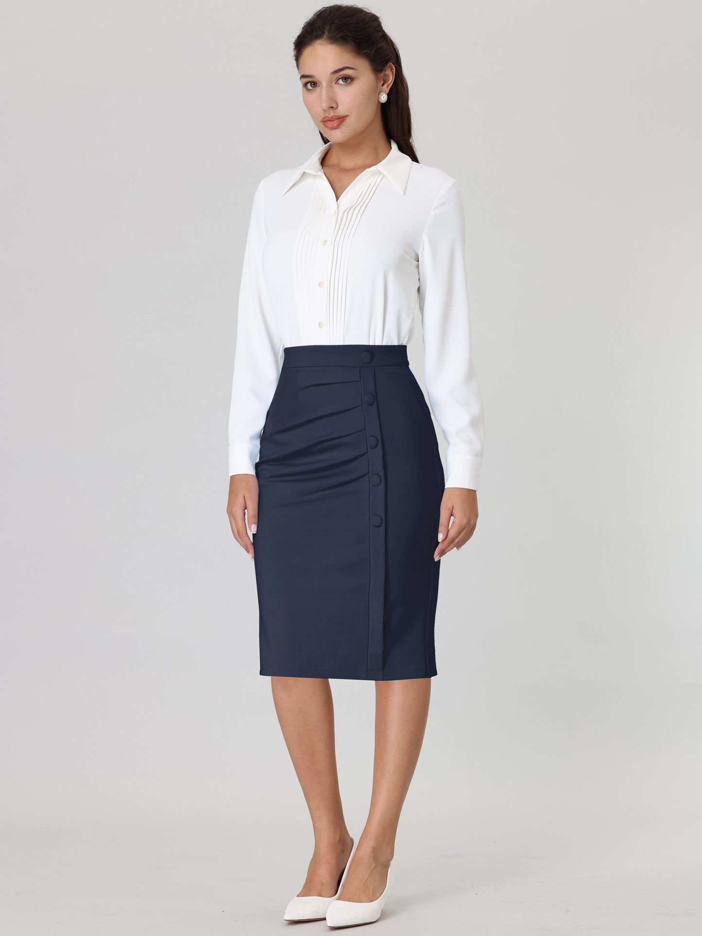 Women's Wear to Work Pencil Skirt Elastic High Waist Ruched Bodycon Midi Skirts