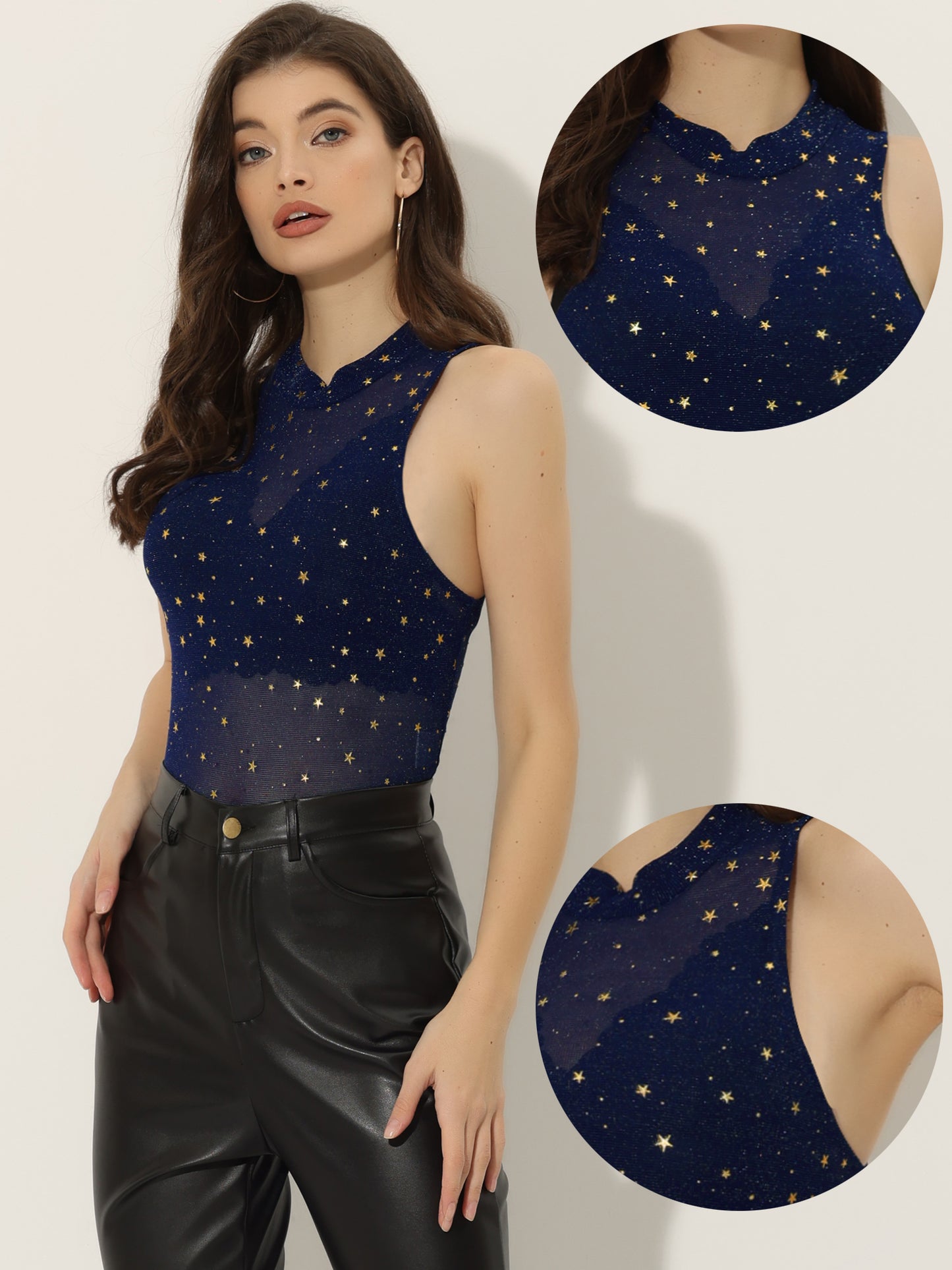 Women's Star Mesh Crop Top Metallic Mock Neck Sleeveless See Through Party Tank Top