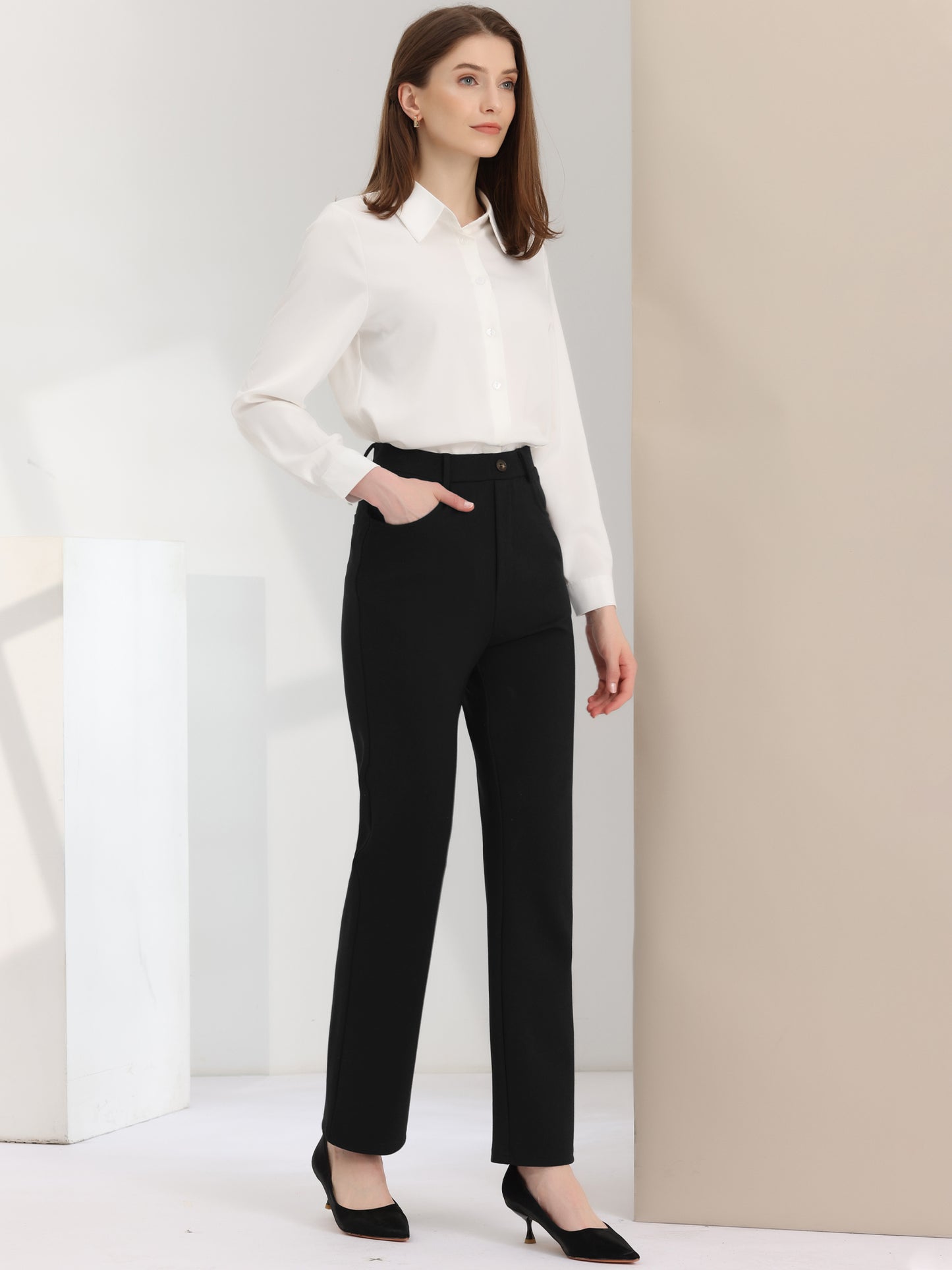 Pantalones de trabajo para mujer, de cintura alta, rectos, elásticos, para yoga y negocios