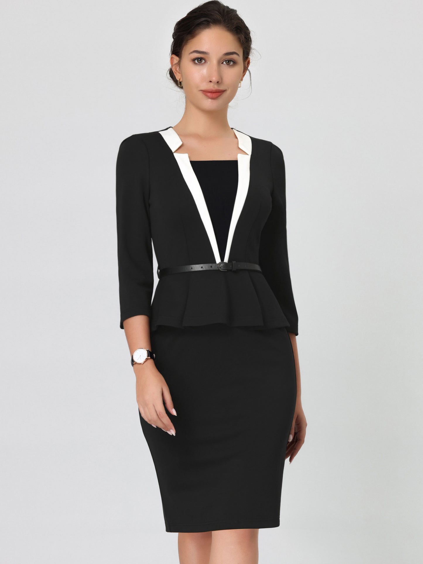 Women's Office Dress 3/4 Sleeve Notch Collar Work Sheath Dresses