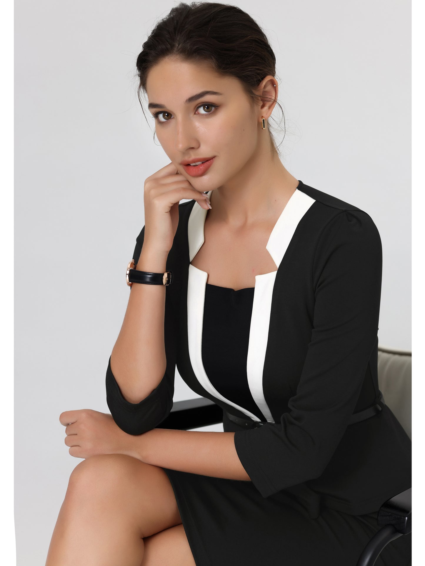 Women's Office Dress 3/4 Sleeve Notch Collar Work Sheath Dresses
