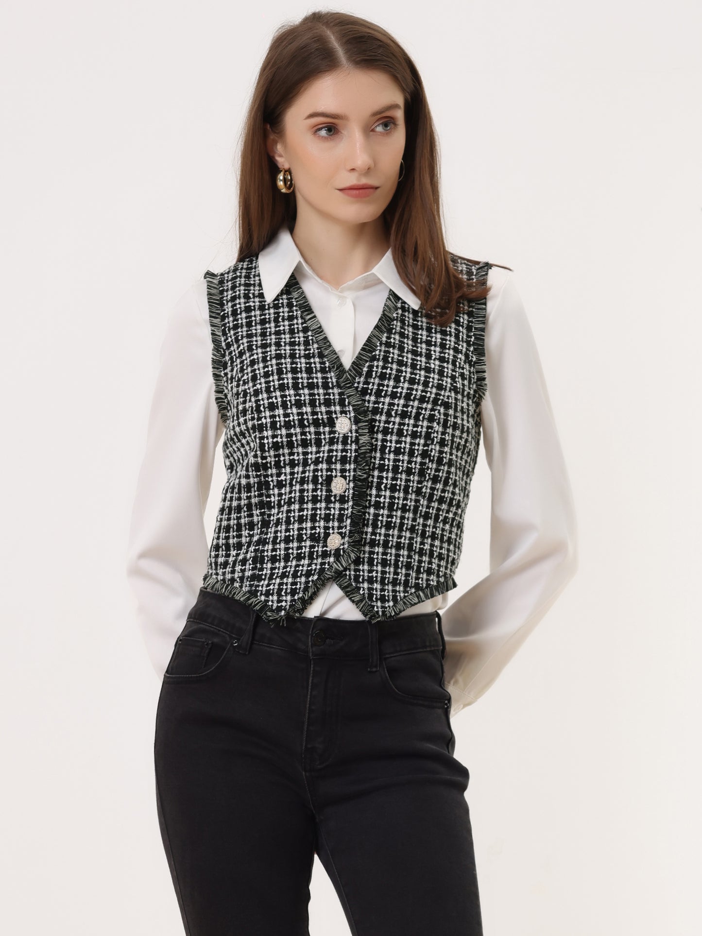 Women's Plaid Waistcoat Fringe Trim Tweed Suit Vest