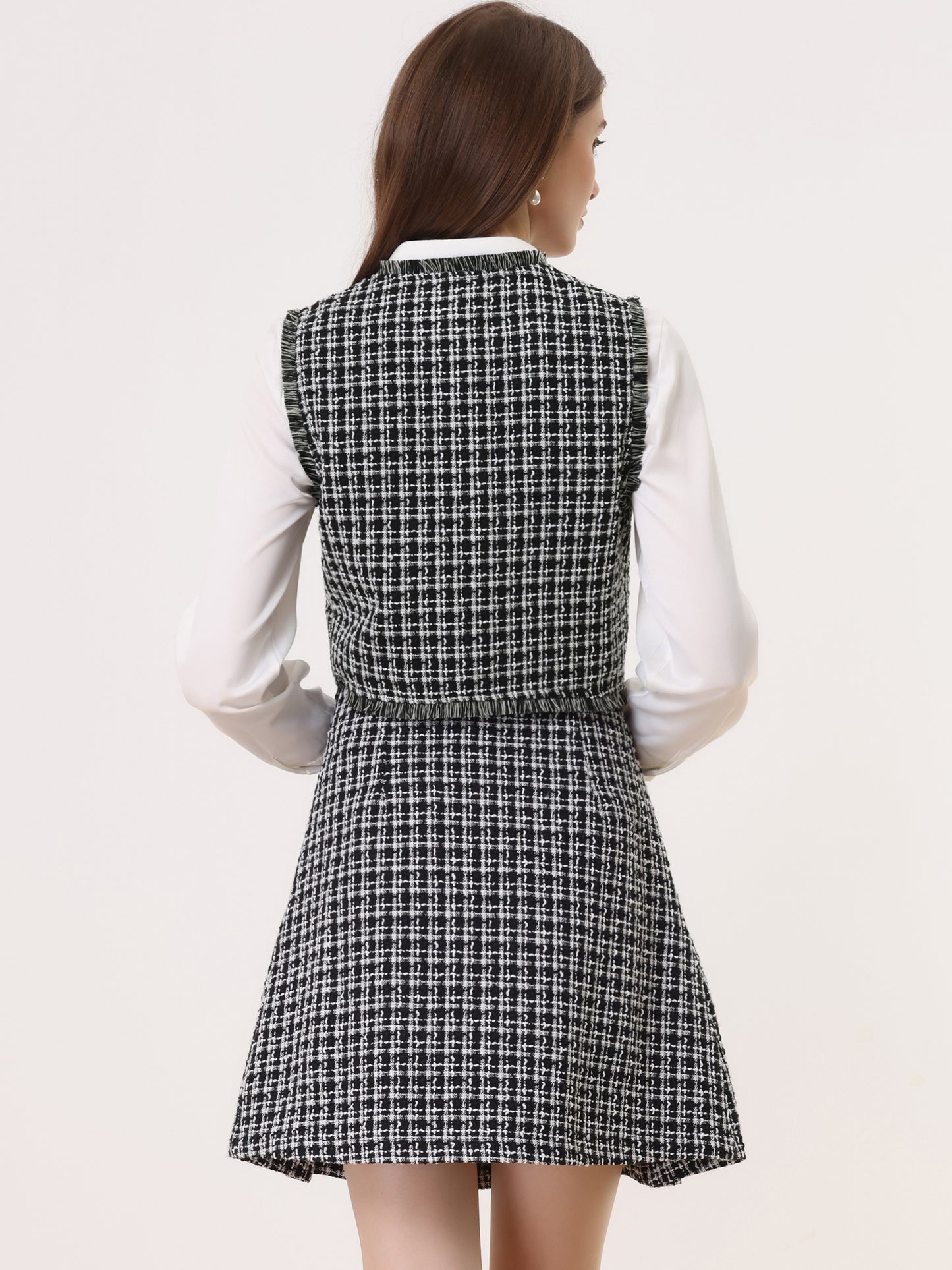 Women's Plaid Waistcoat Fringe Trim Tweed Suit Vest