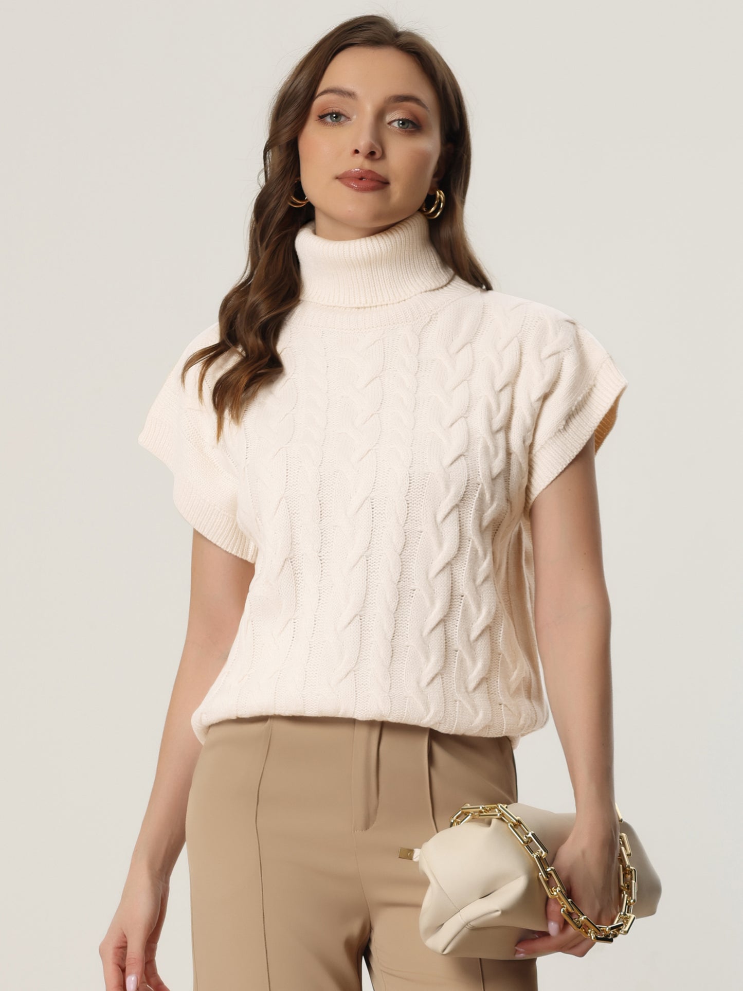 Suéter informal de cuello alto sin mangas con cuello alto para mujer, jersey de punto de color liso