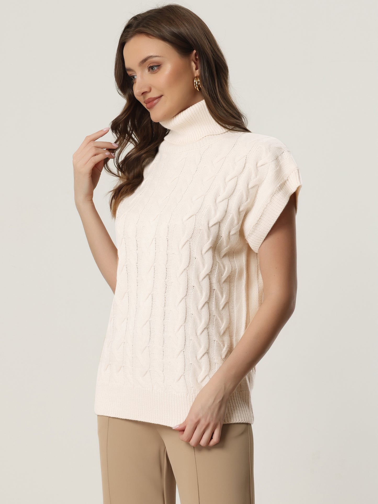 Suéter informal de cuello alto sin mangas con cuello alto para mujer, jersey de punto de color liso