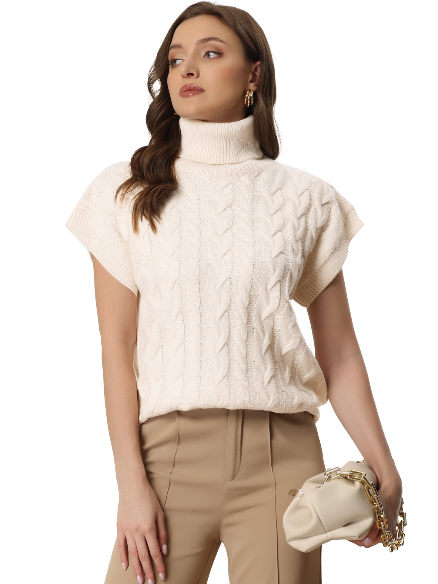 Suéter informal de cuello alto sin mangas con cuello alto para mujer, jersey de punto de color liso