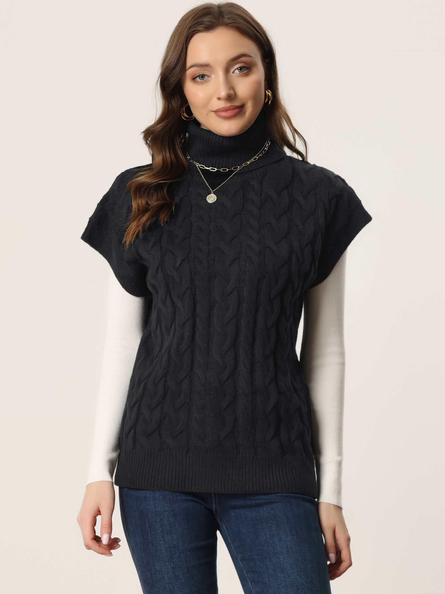 Women's Casual Turtleneck Twist Sleeveless Vest Solid Color Knit Pullover Sweater