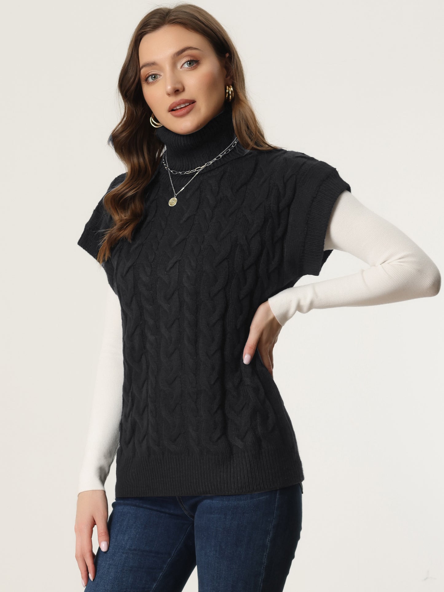 Women's Casual Turtleneck Twist Sleeveless Vest Solid Color Knit Pullover Sweater
