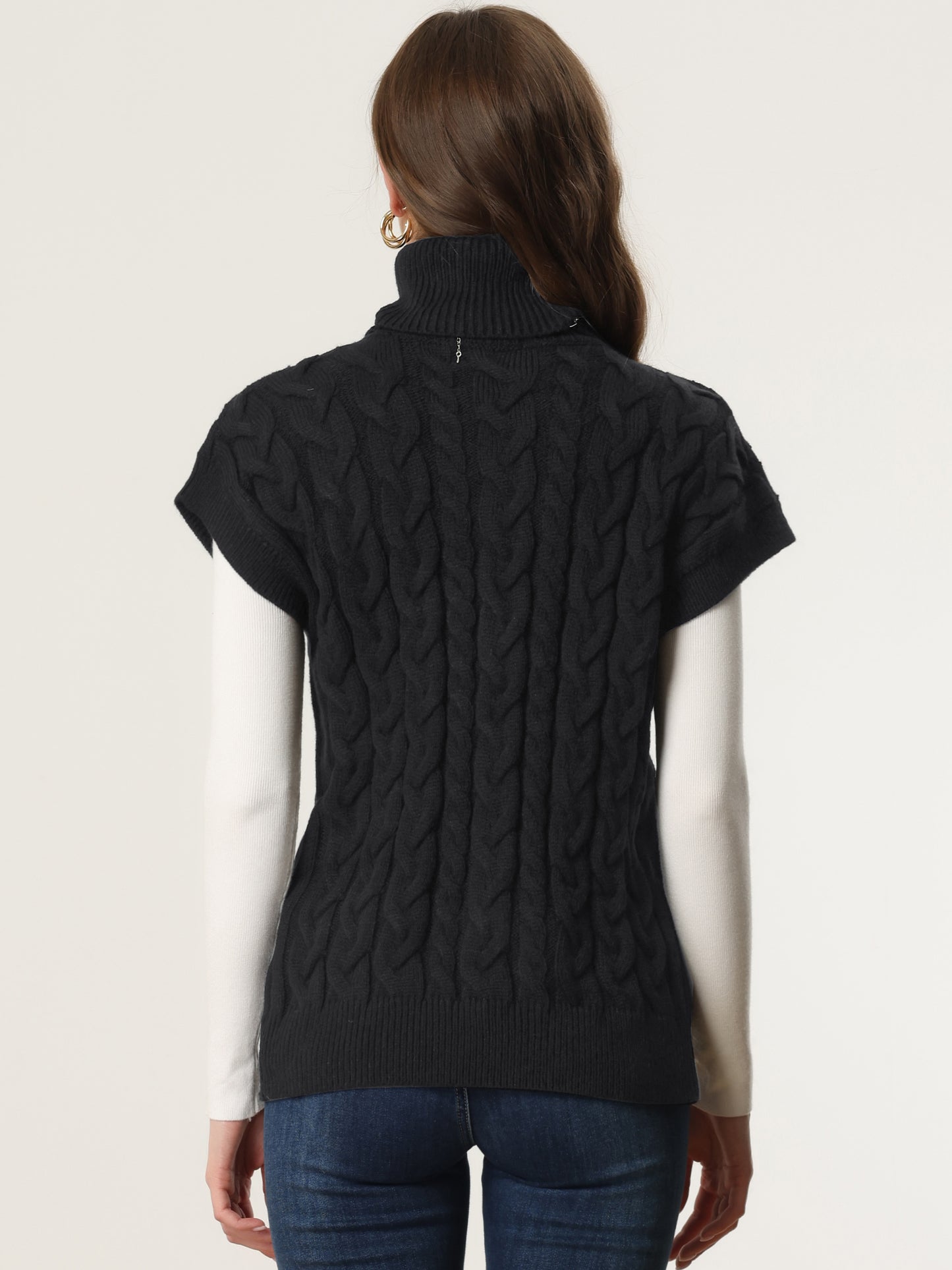Women's Casual Turtleneck Twist Sleeveless Vest Solid Color Knit Pullover Sweater