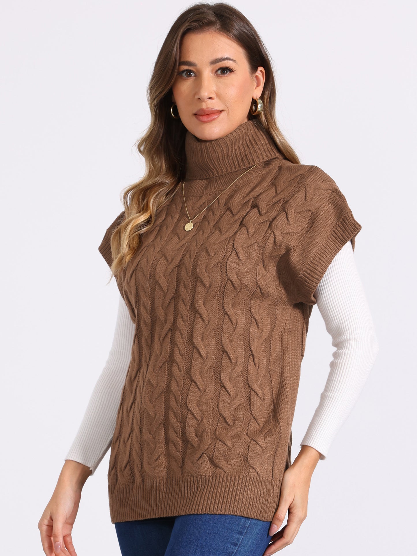 Women's Casual Turtleneck Twist Sleeveless Vest Solid Color Knit Pullover Sweater
