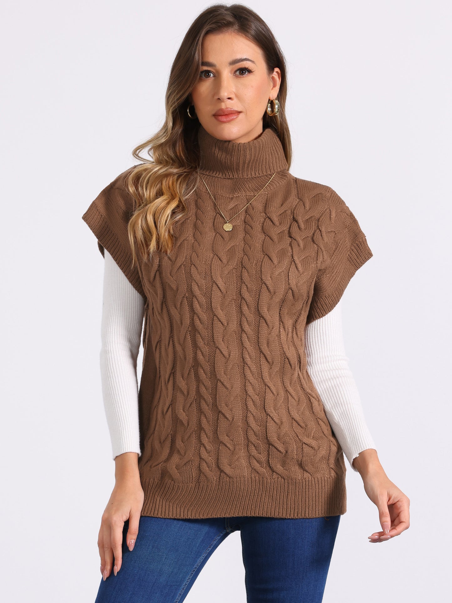 Women's Casual Turtleneck Twist Sleeveless Vest Solid Color Knit Pullover Sweater