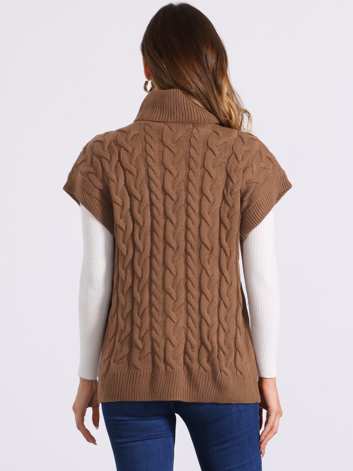 Women's Casual Turtleneck Twist Sleeveless Vest Solid Color Knit Pullover Sweater