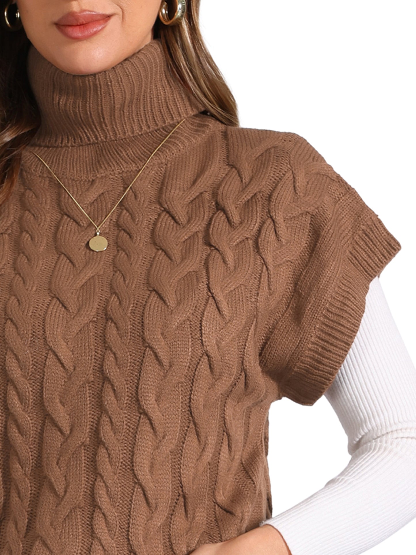 Women's Casual Turtleneck Twist Sleeveless Vest Solid Color Knit Pullover Sweater