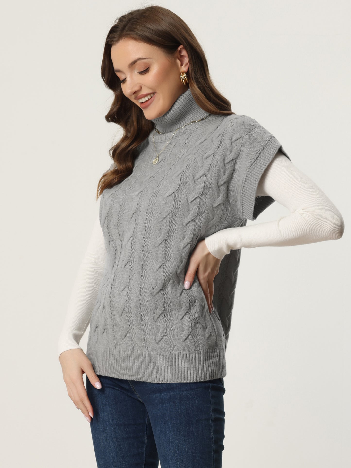Women's Casual Turtleneck Twist Sleeveless Vest Solid Color Knit Pullover Sweater
