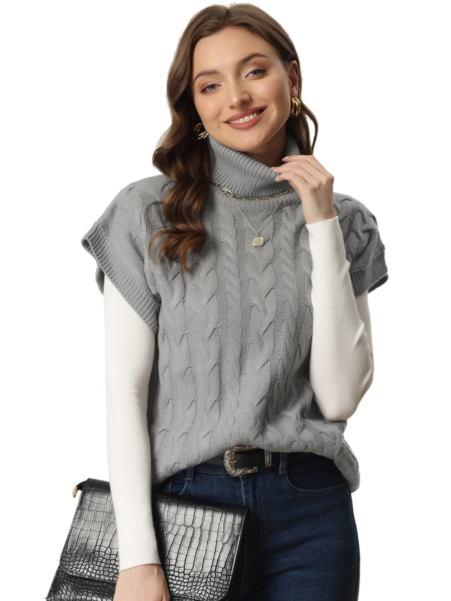 Women's Casual Turtleneck Twist Sleeveless Vest Solid Color Knit Pullover Sweater