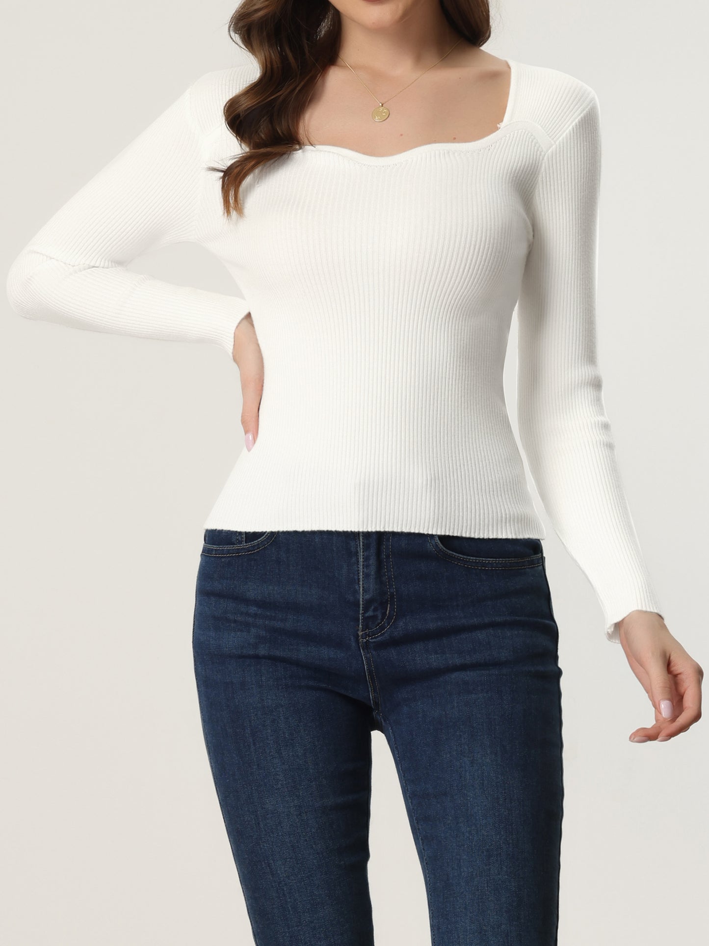 Women's Casual Sweetheart Neck Sweater Long Sleeve Top Slim Fit Pullover Sweater