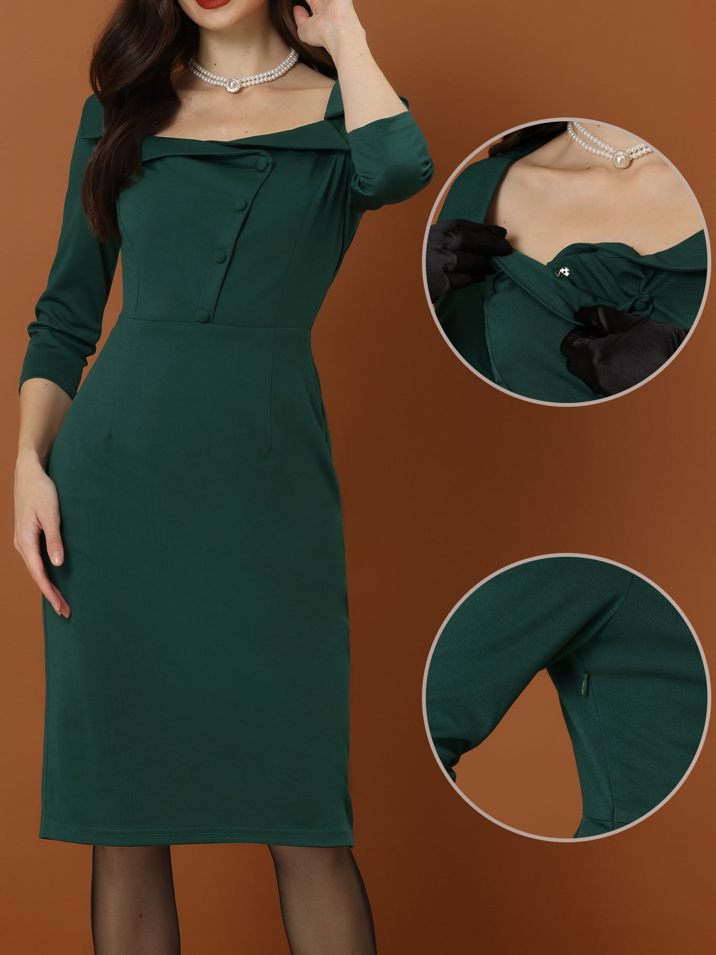 Women's 3/4 Sleeve Square Neck High Waist Formal Party Bodycon Work Pencil Dress