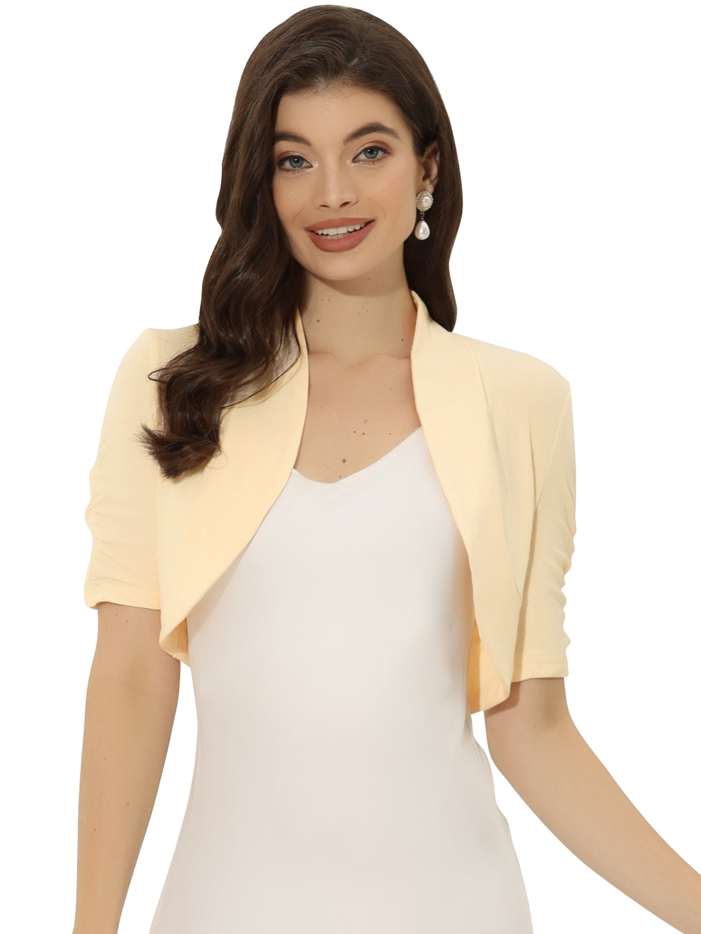 Women's Short Sleeve Shrugs Ruched Sleeve Open Front Cropped Bolero Cardigan