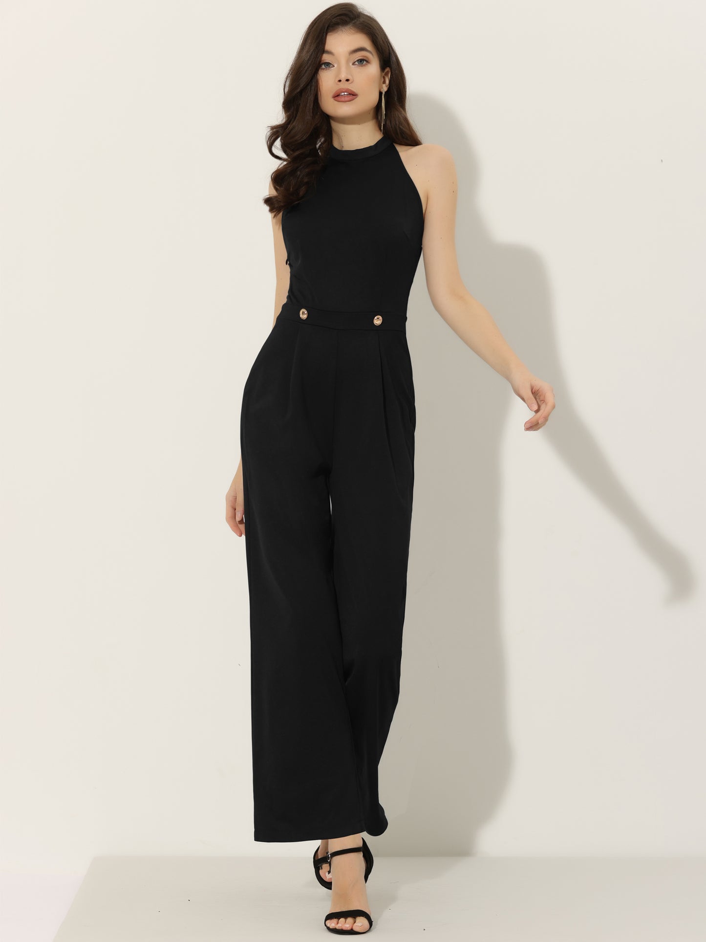Women's Summer Halter Tie Back Backless High Waist Wide Leg Jumpsuit Romper