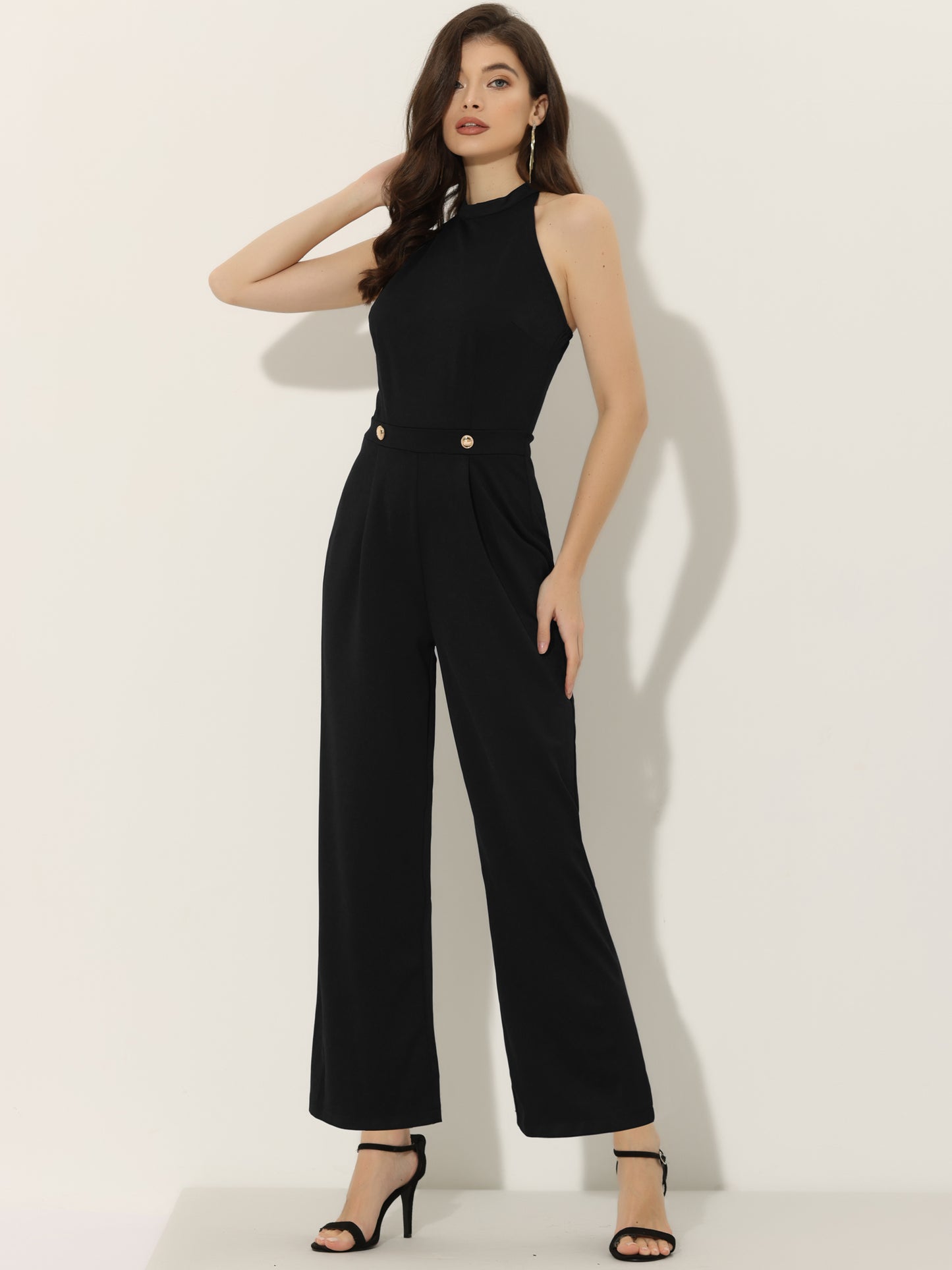 Women's Summer Halter Tie Back Backless High Waist Wide Leg Jumpsuit Romper