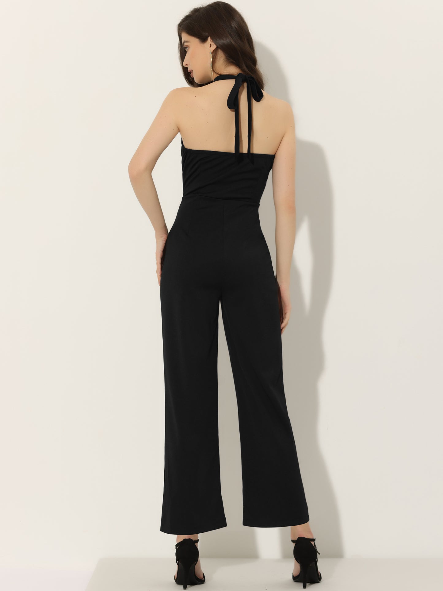 Women's Summer Halter Tie Back Backless High Waist Wide Leg Jumpsuit Romper