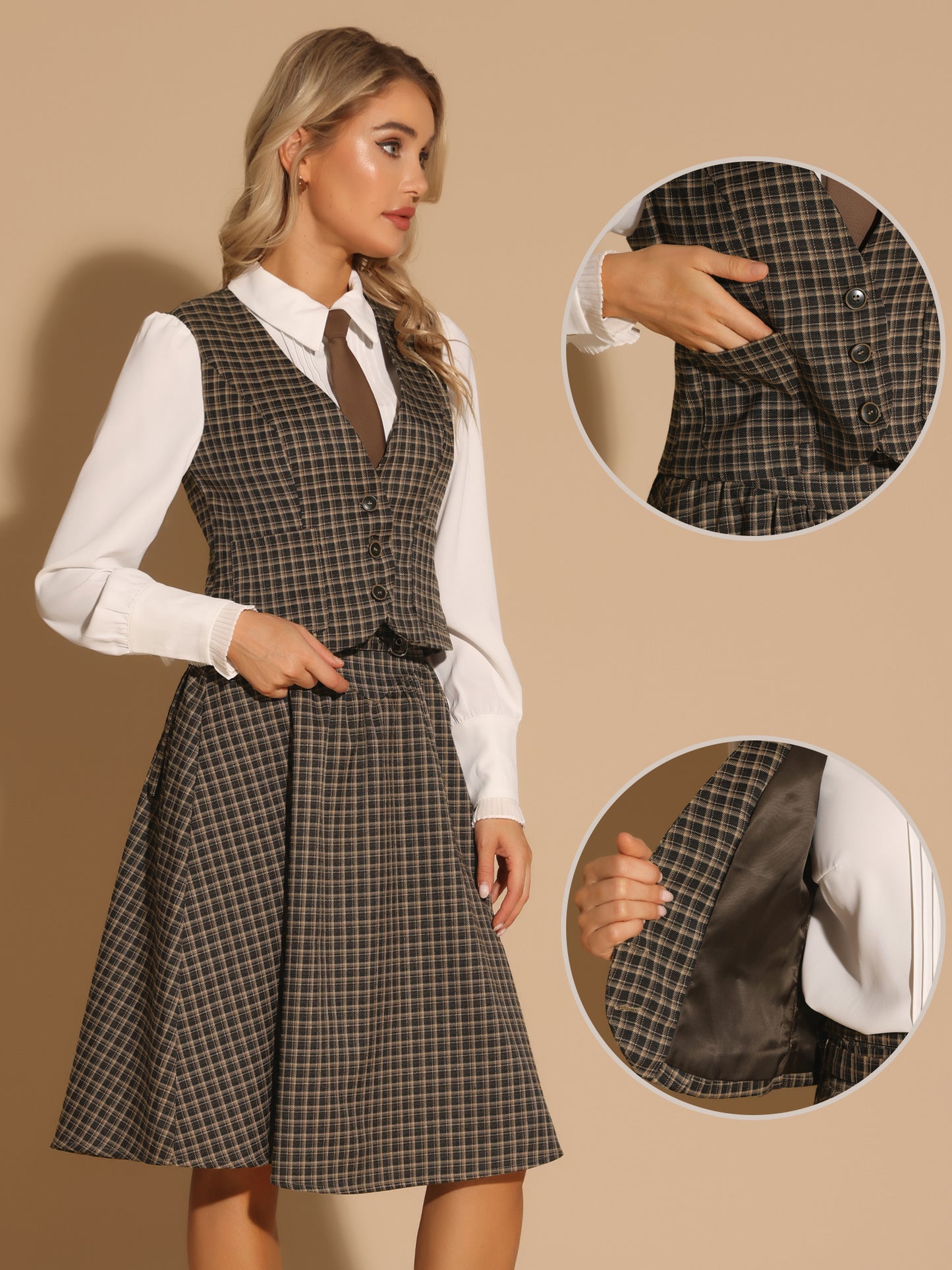 Women's Single Breasted Sleeveless Racerback Waistcoat Plaid Vest