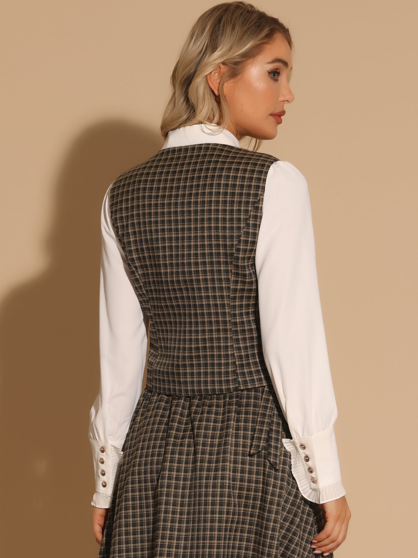 Women's Single Breasted Sleeveless Racerback Waistcoat Plaid Vest
