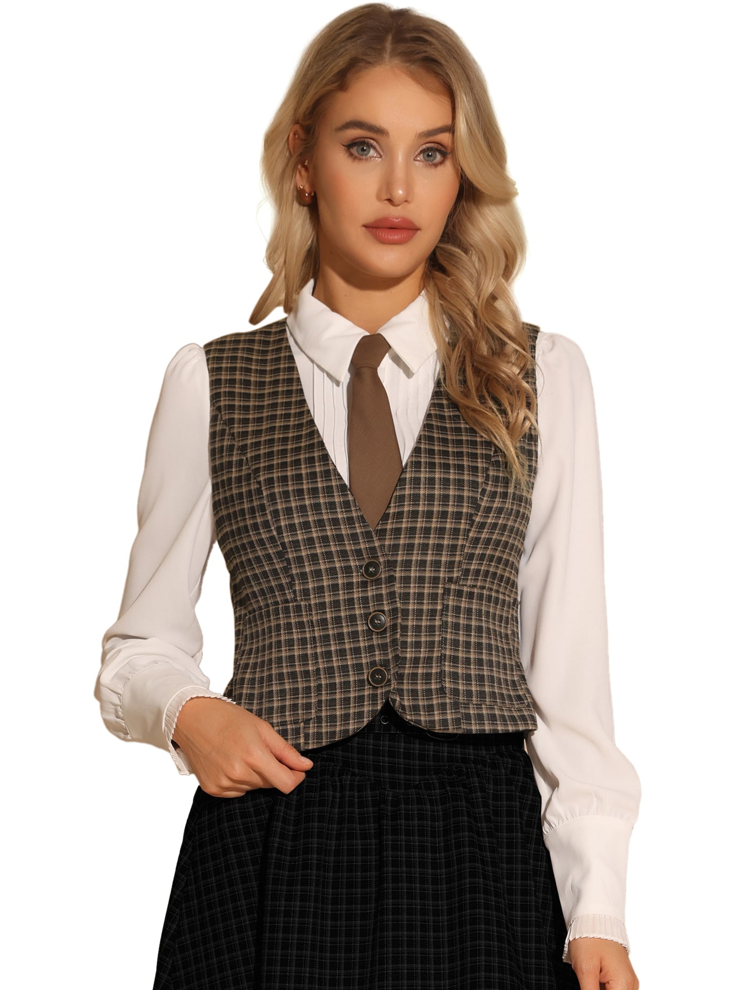 Women's Single Breasted Sleeveless Racerback Waistcoat Plaid Vest