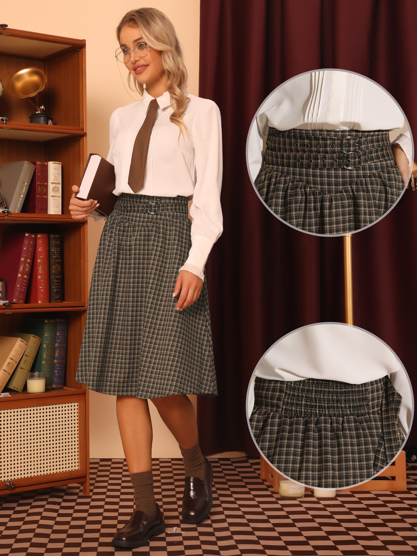 Falda midi de corte A con cinturón y cuadros vintage para mujer