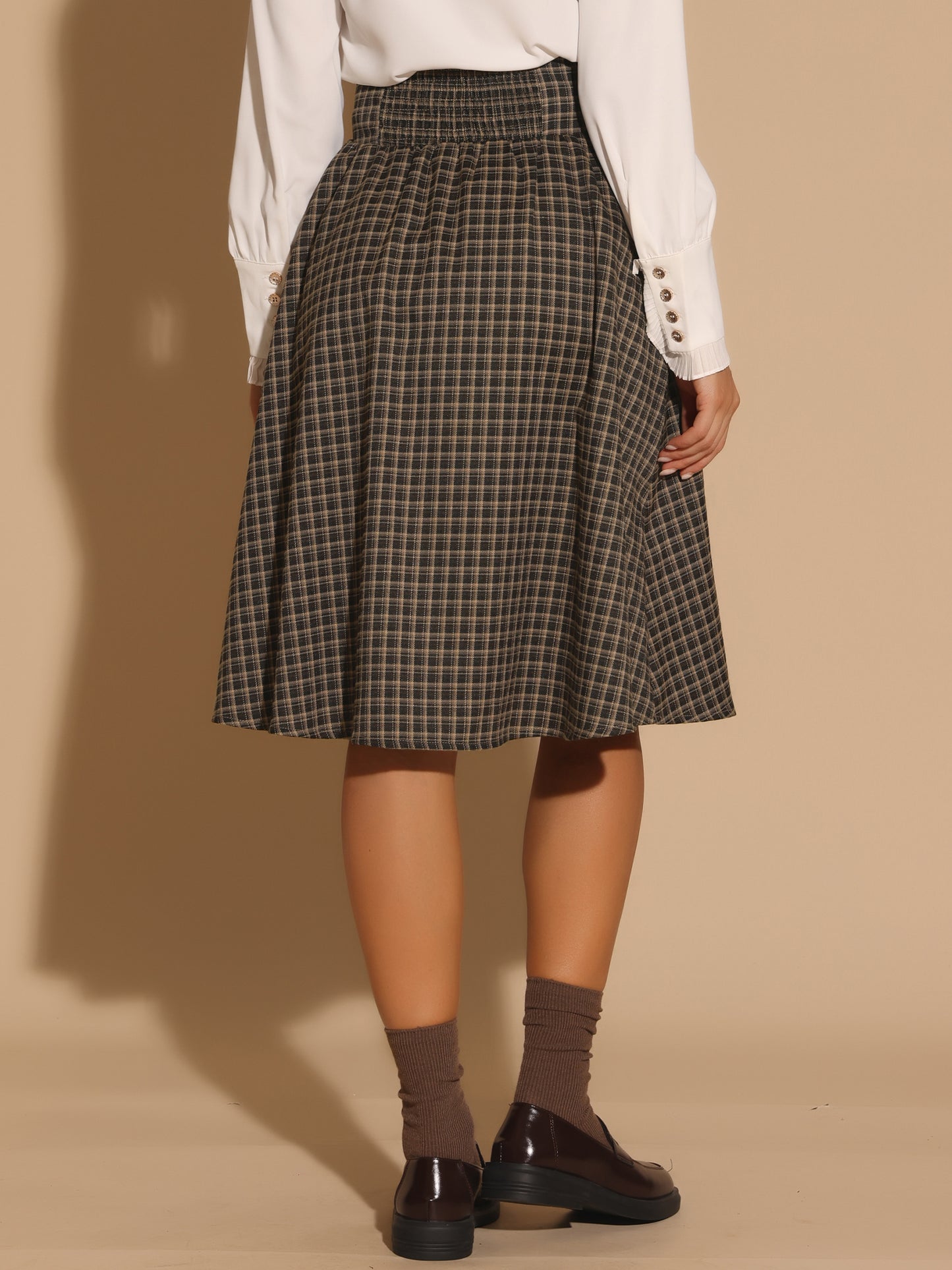 Falda midi de corte A con cinturón y cuadros vintage para mujer